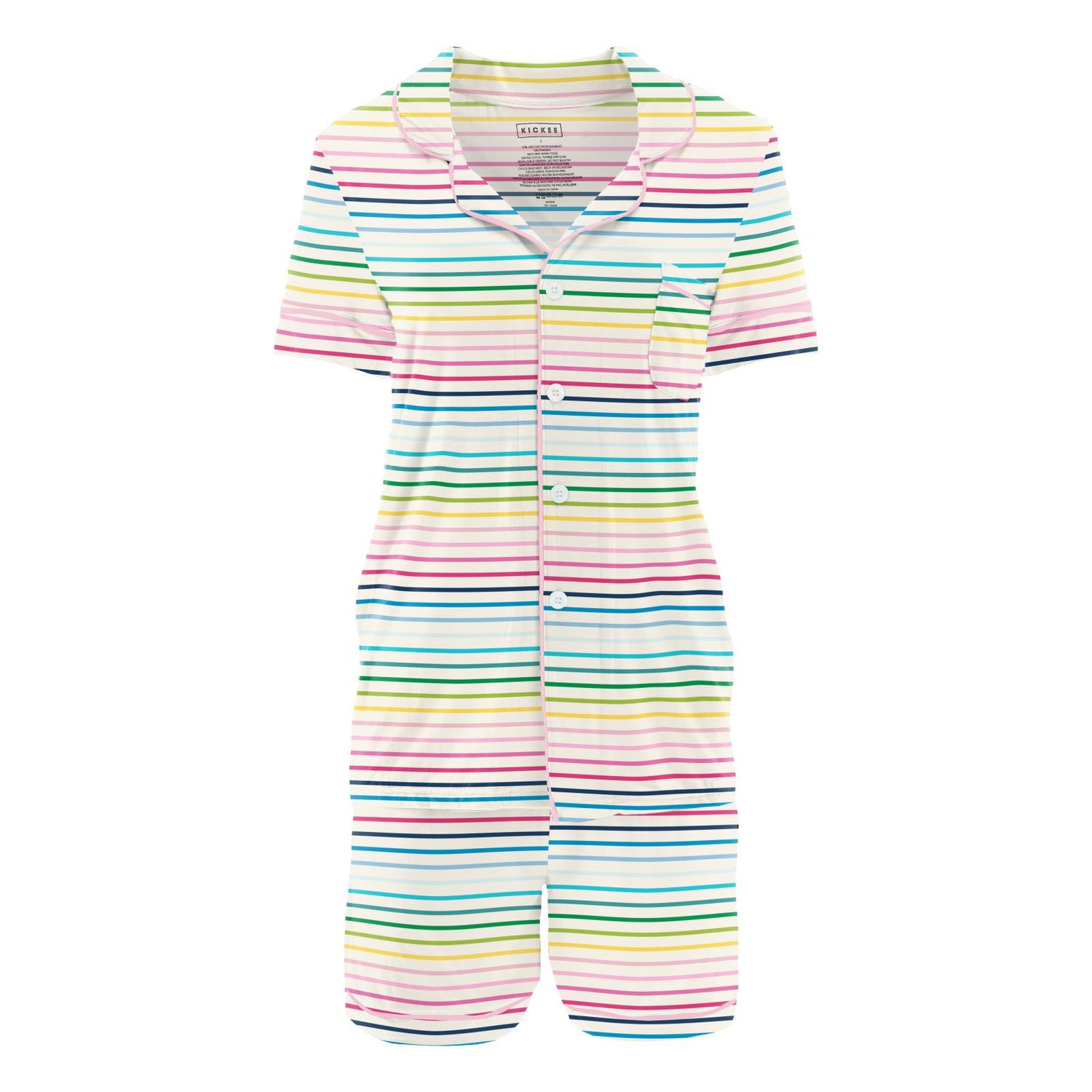Women's Print Short Sleeve Collared Pajama Set with Shorts in Happy Stripe (338368)
