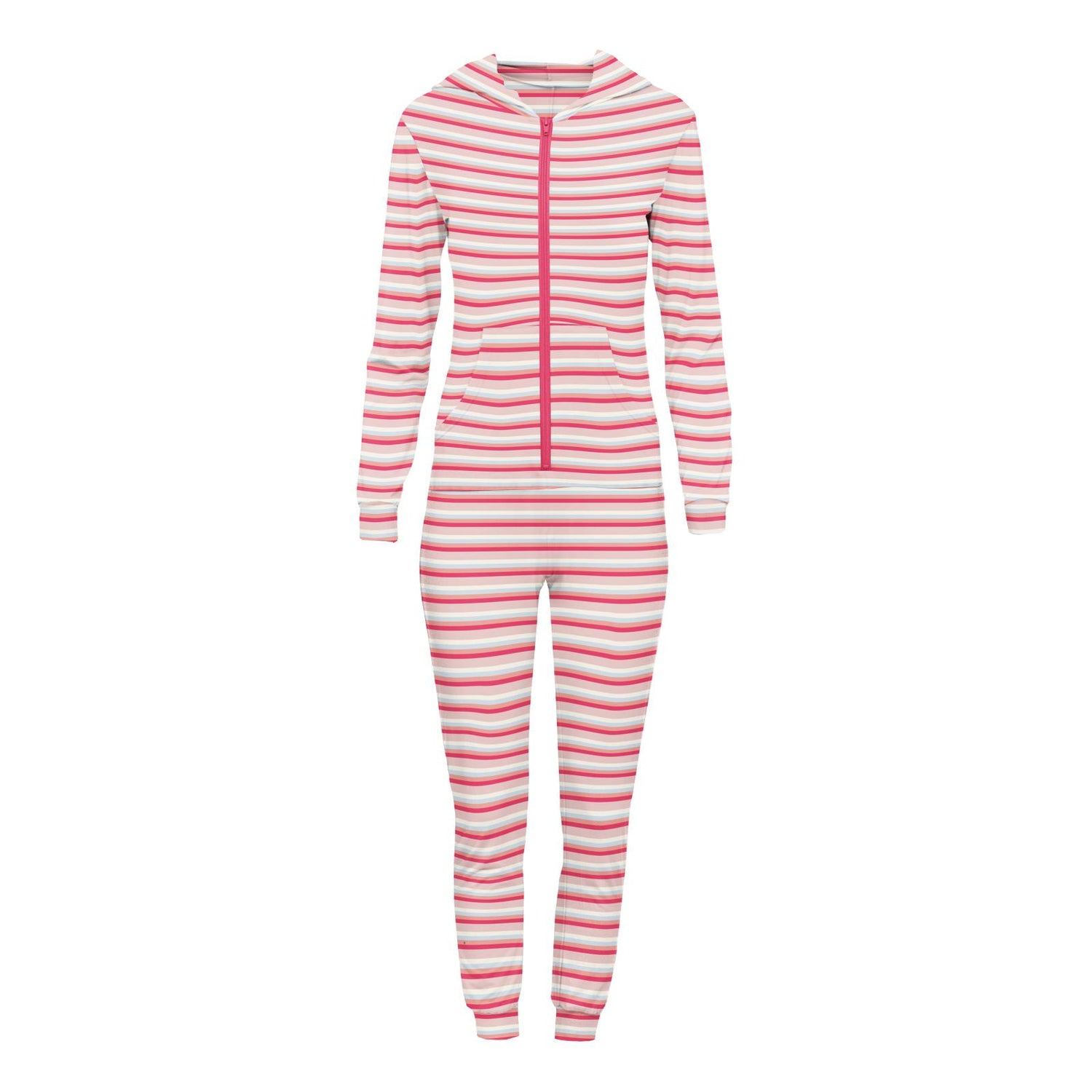 Women's Print Long Sleeve Jumpsuit with Hood in Baby Rose Stripe