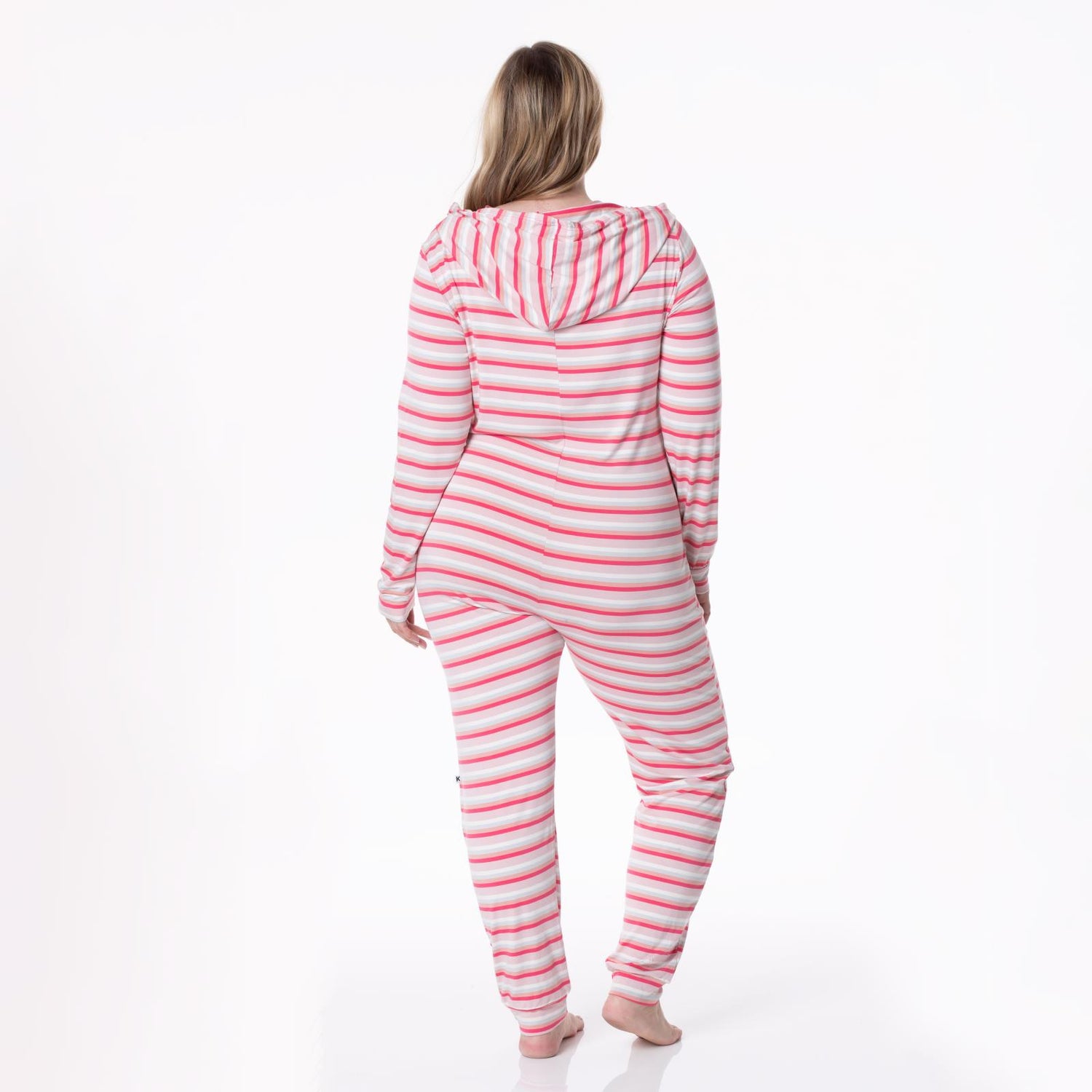 Women's Print Long Sleeve Jumpsuit with Hood in Baby Rose Stripe