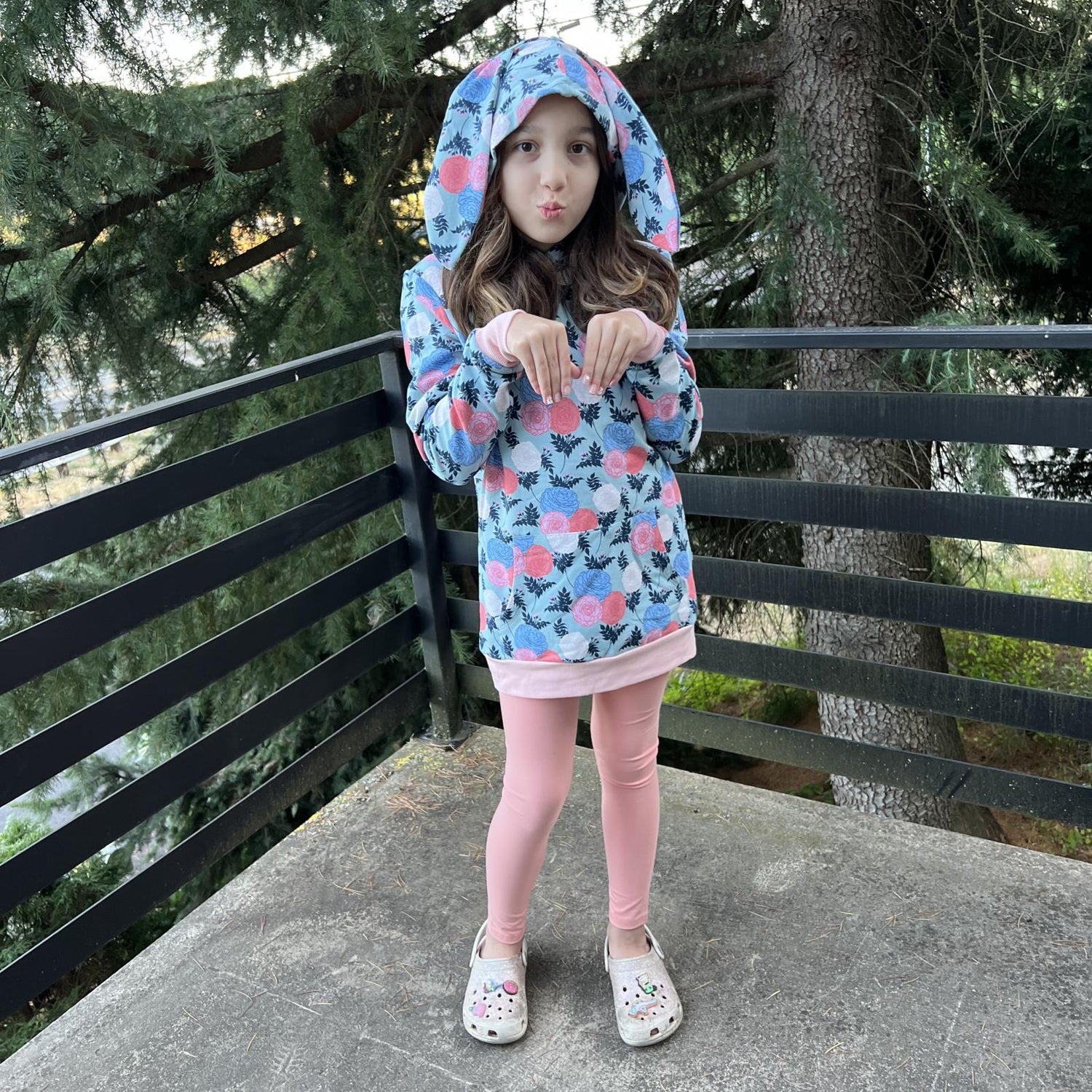 Print Fleece Kangaroo Pocket Pullover with Bunny Ears in Stormy Sea Enchanted Floral