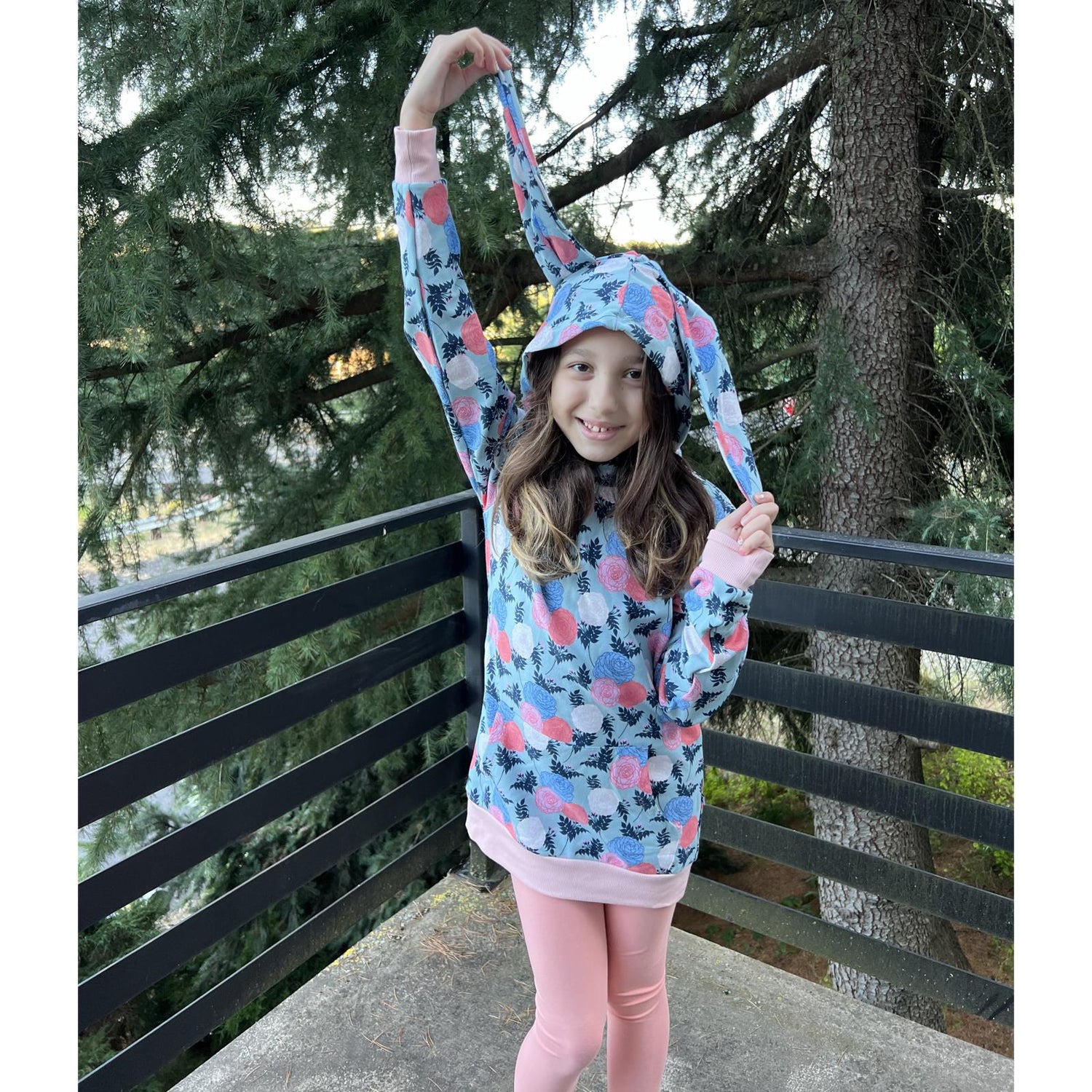 Print Fleece Kangaroo Pocket Pullover with Bunny Ears in Stormy Sea Enchanted Floral