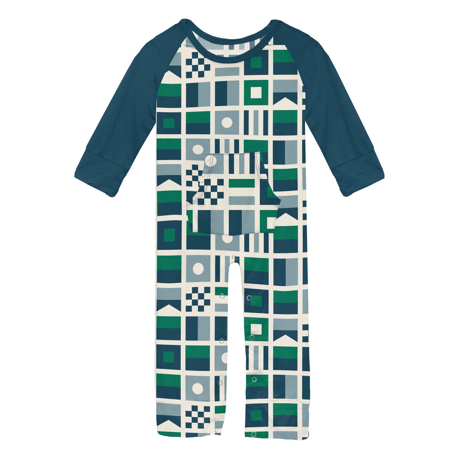 Print Long Sleeve Raglan Romper with Kangaroo Pocket in Nautical Flags (309067)