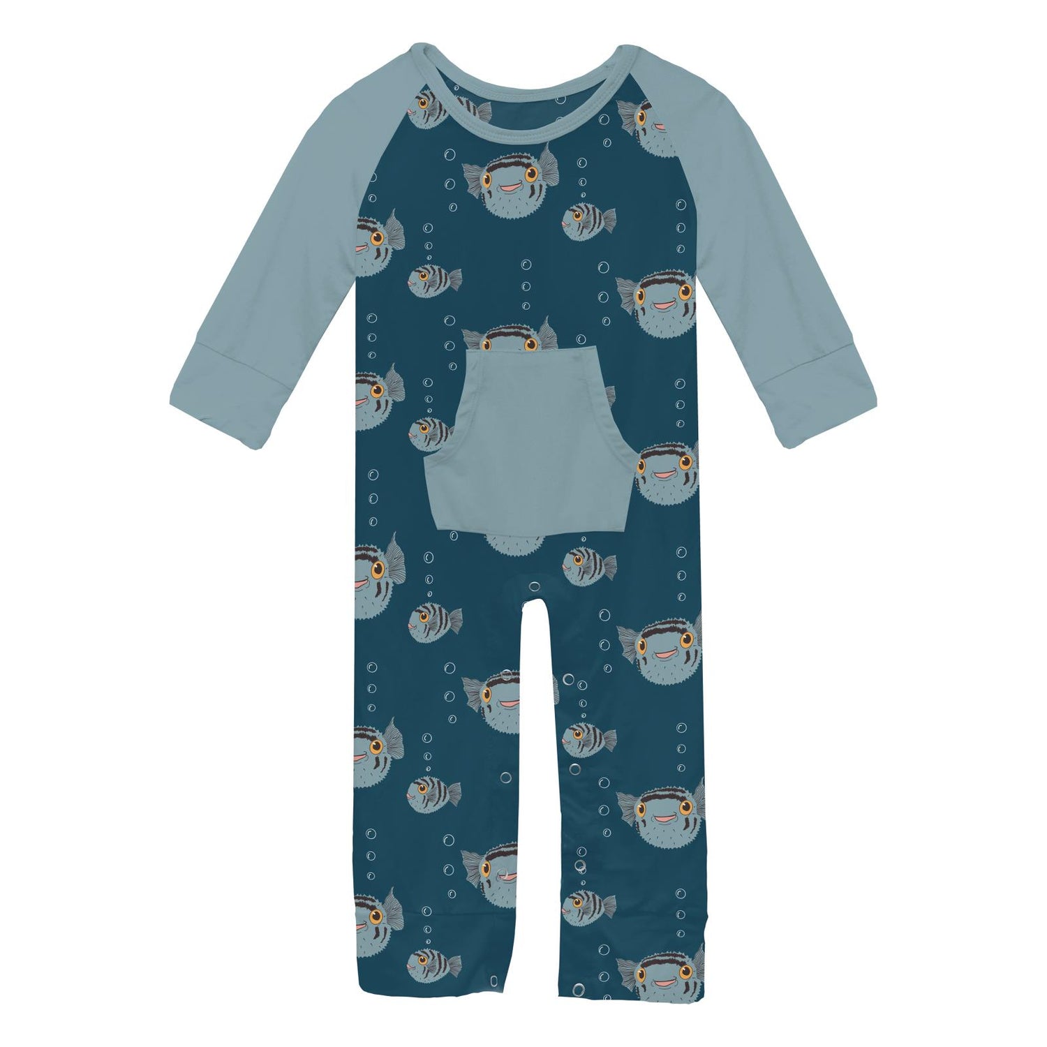 Print Long Sleeve Raglan Romper with Kangaroo Pocket in Peacock Puffer Family (309070)