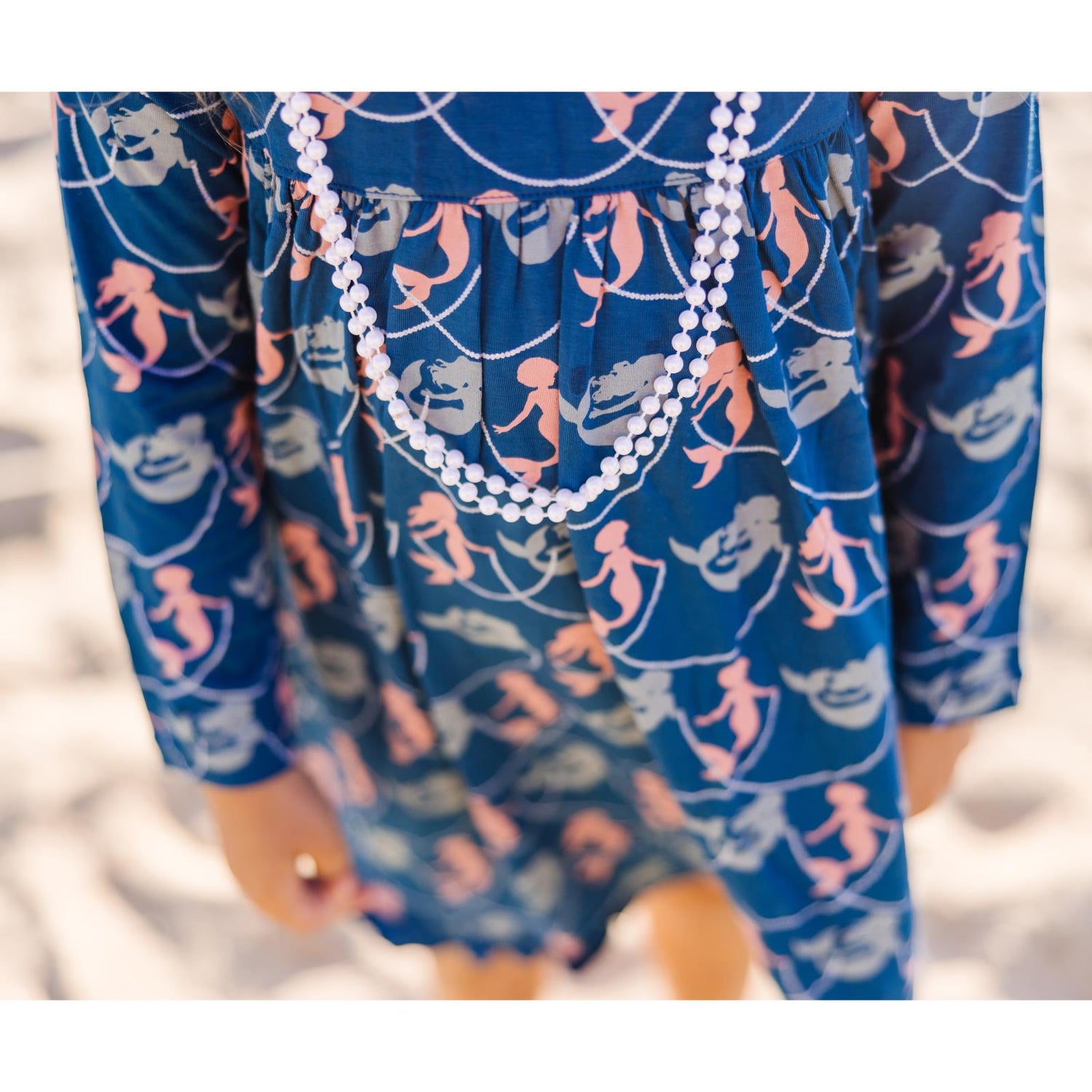 Print Classic Long Sleeve Swing Dress in Peacock Mermaids & Pearls