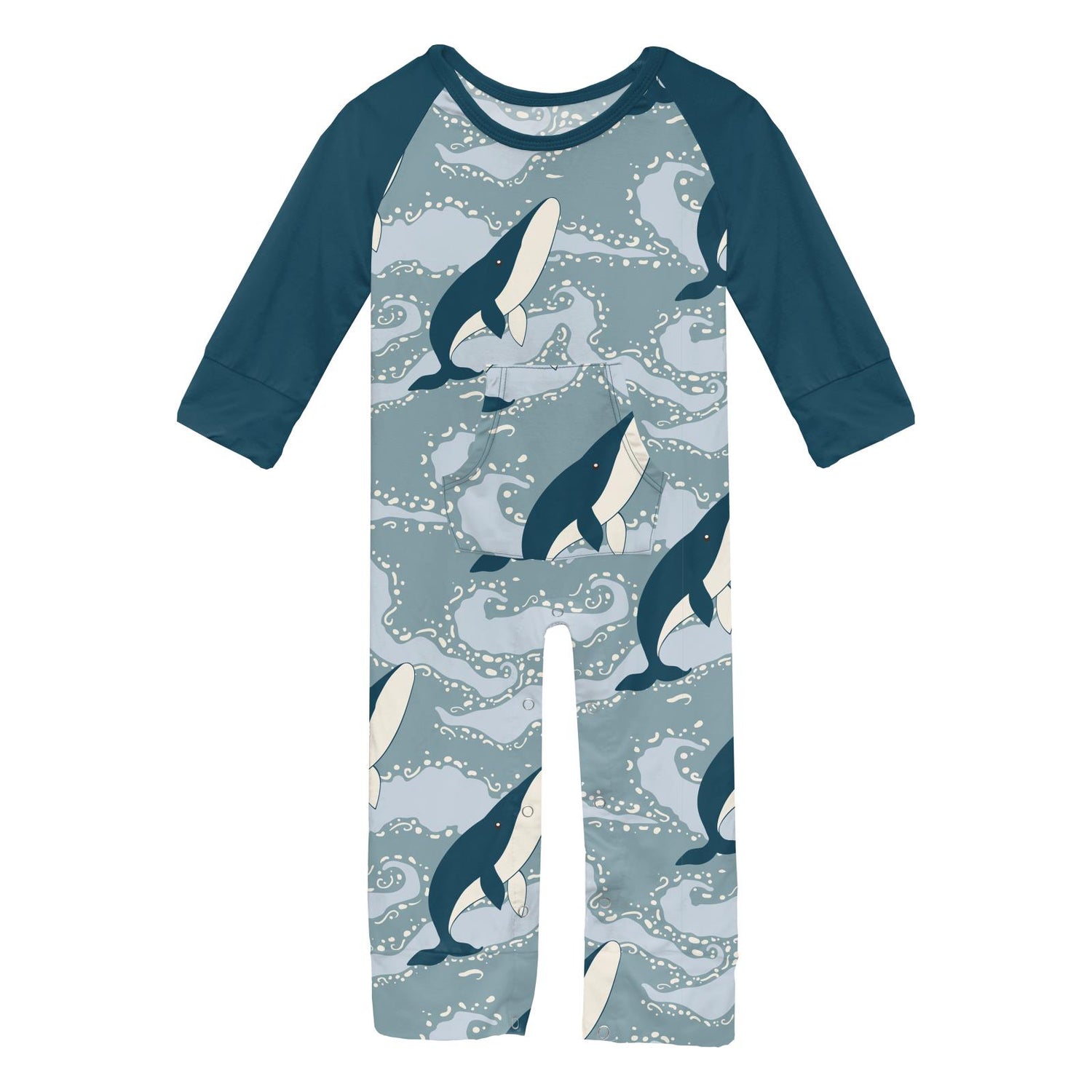 Print Long Sleeve Raglan Romper with Kangaroo Pocket in Stormy Sea Splashing Whales (309085)