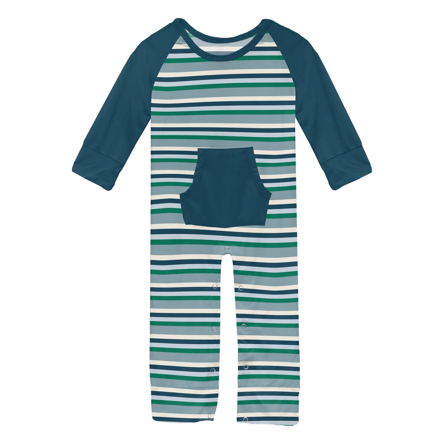 Print Long Sleeve Raglan Romper with Kangaroo Pocket in Stormy Sea Stripe