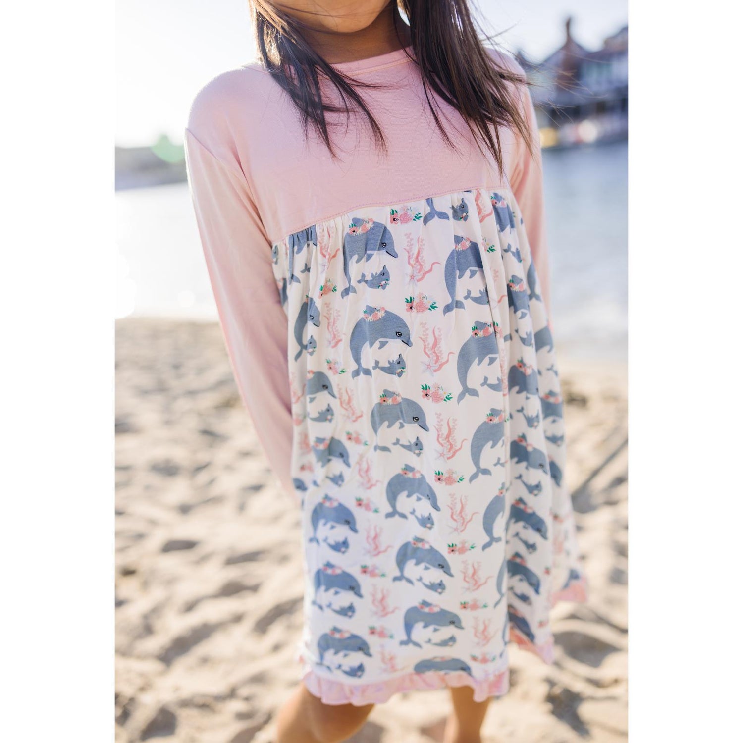 Print Classic Long Sleeve Swing Dress in Natural Dolphins