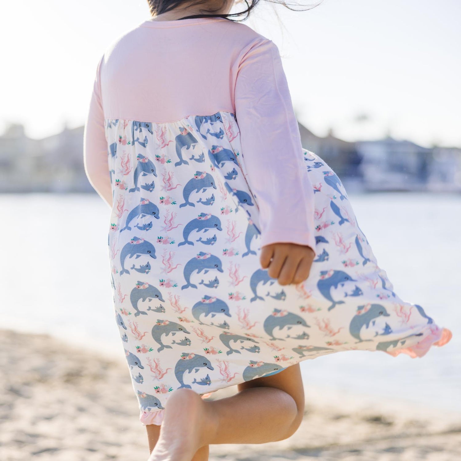 Print Classic Long Sleeve Swing Dress in Natural Dolphins