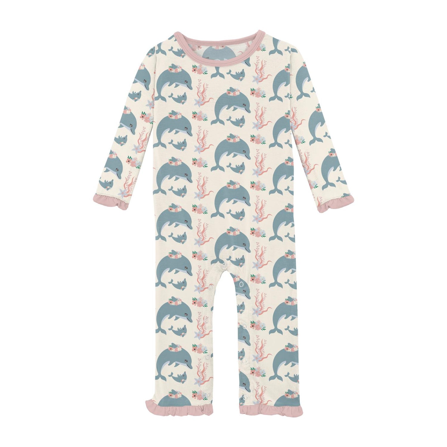Print Oh La La Ruffle Romper in Natural Dolphins