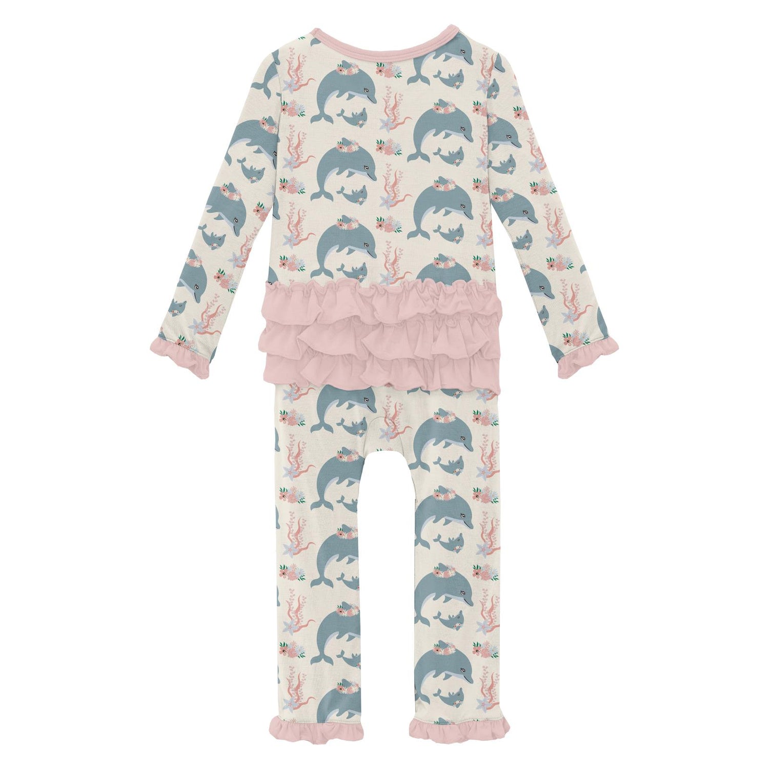 Print Oh La La Ruffle Romper in Natural Dolphins