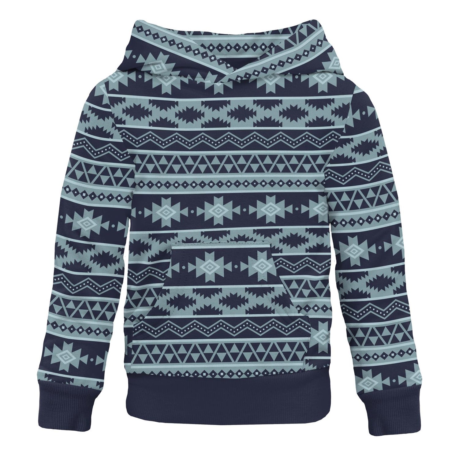 Print Fleece Kangaroo Pocket Pullover in Peacoat Mayan Print (332399)