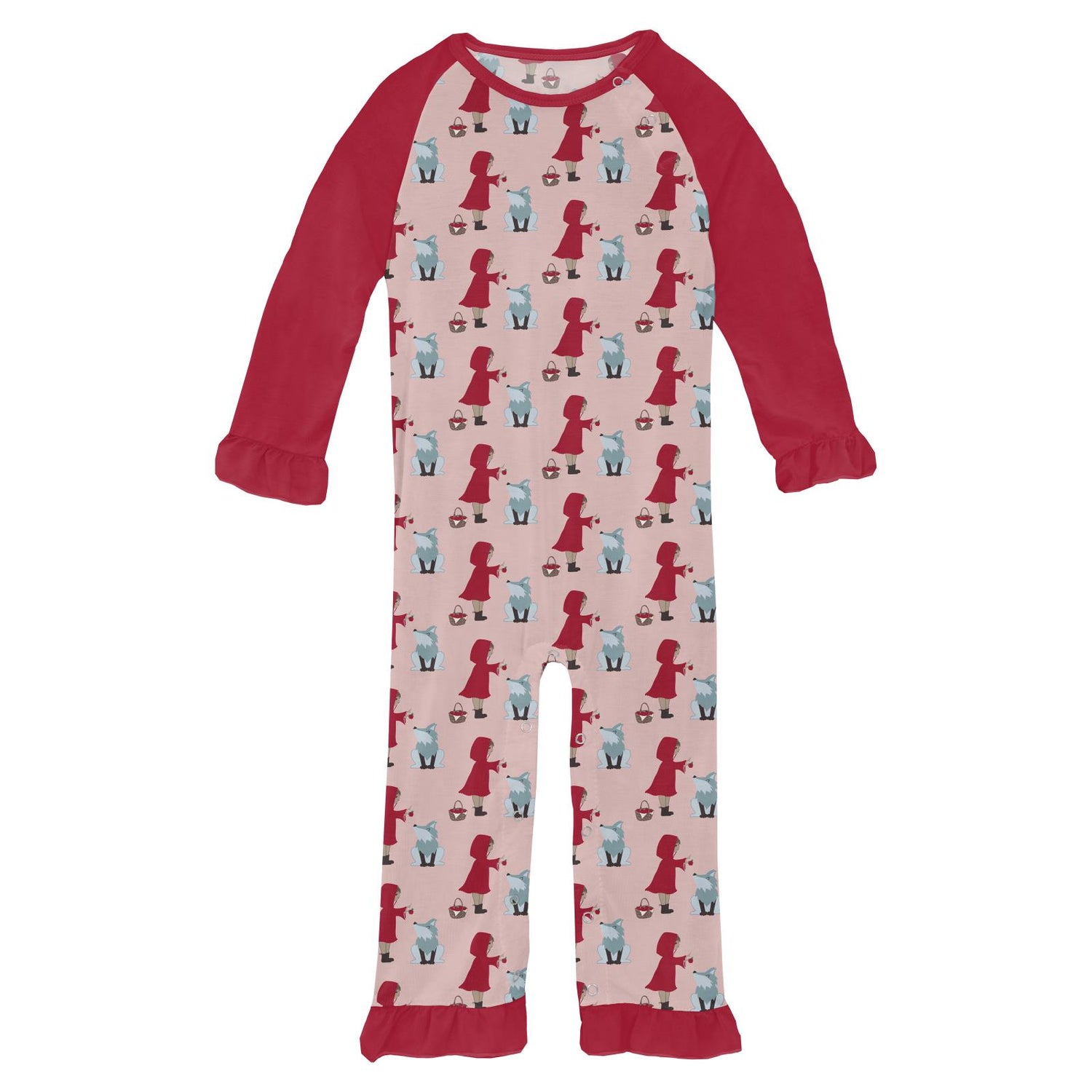 Print Long Sleeve Ruffle Raglan Romper in Baby Rose Little Red Let's Be Friends (293347)