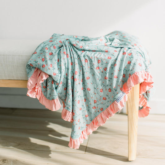 Print Ruffle Toddler Blanket in Spring Sky Floral Vines (370069)