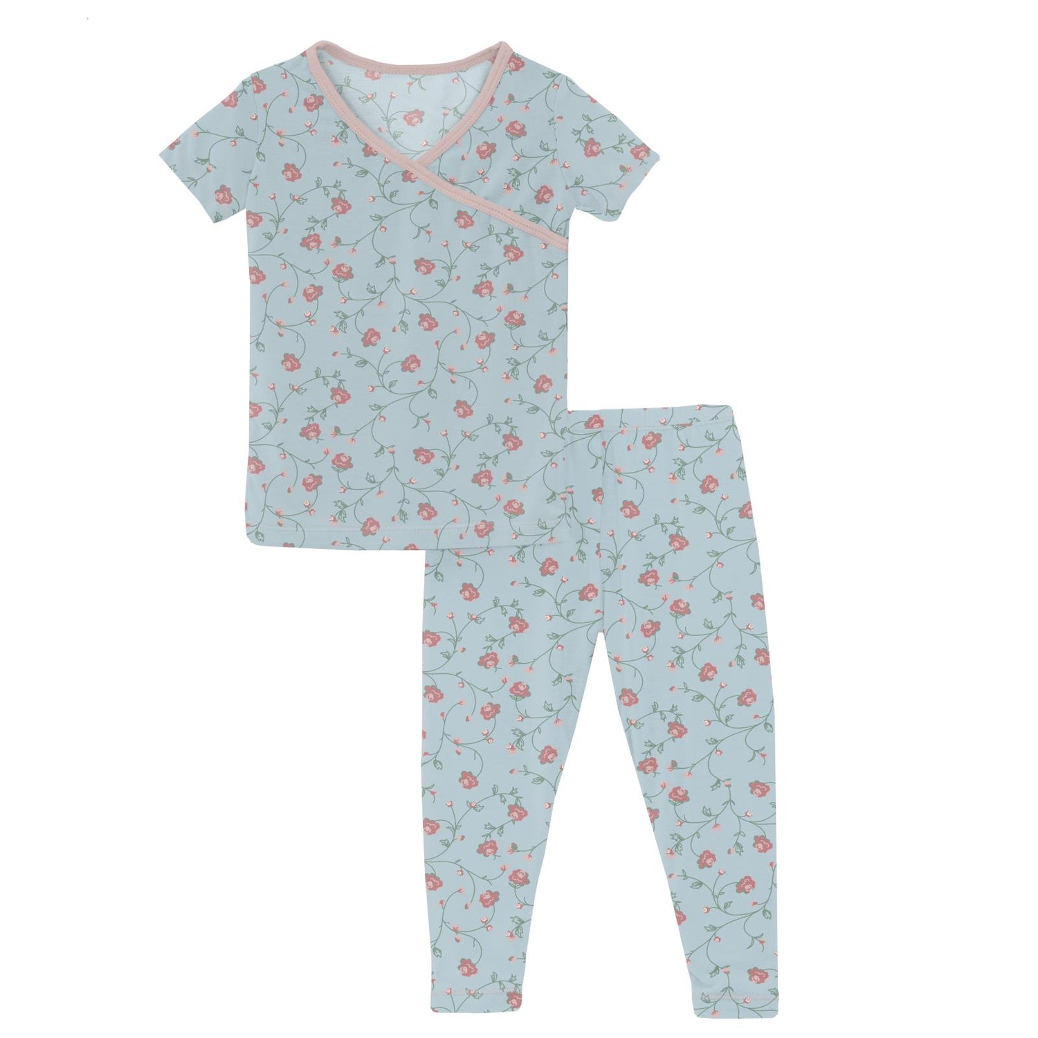 Print Short Sleeve Kimono Pajama Set in Spring Sky Floral Vines (370340)