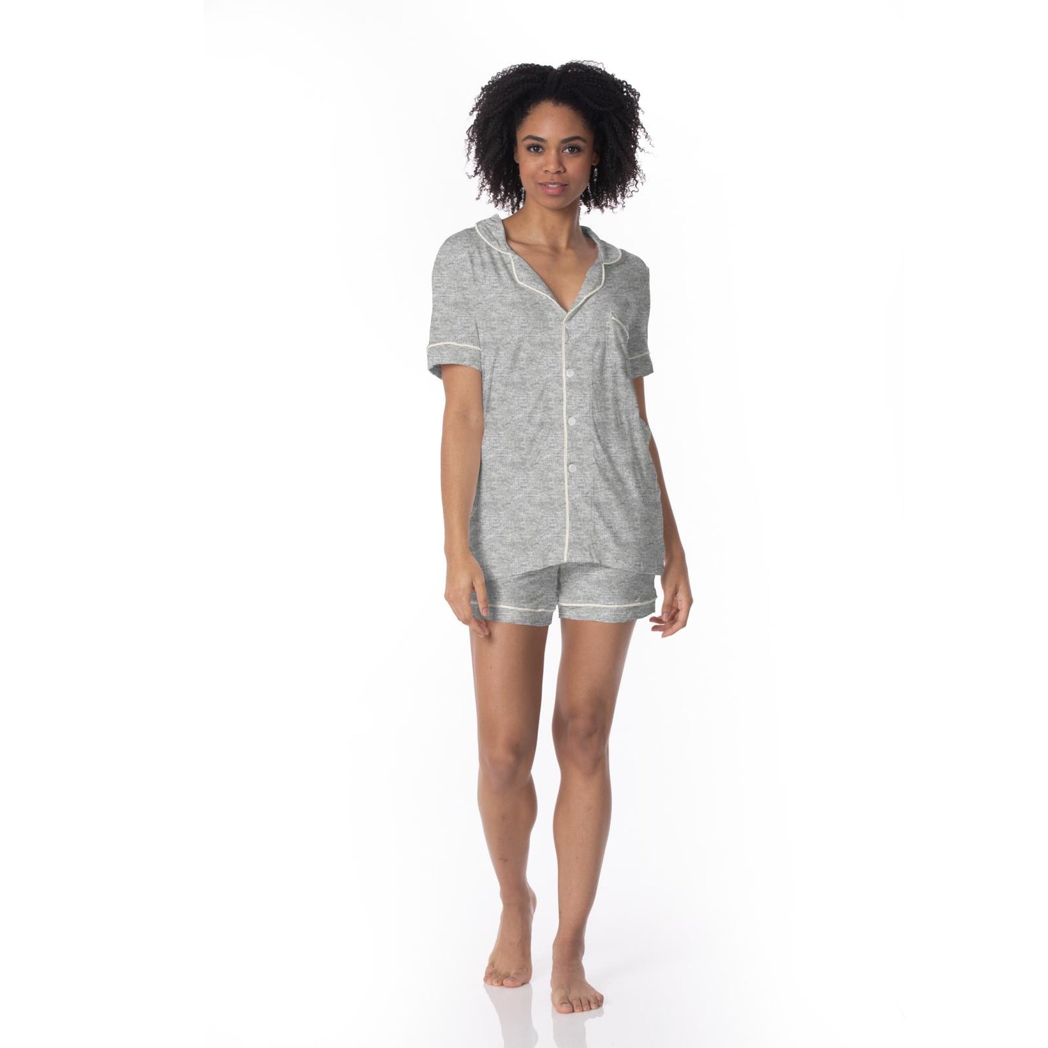 Women's Short Sleeve Collared Pajama Set with Shorts in Heathered Mist with Natural