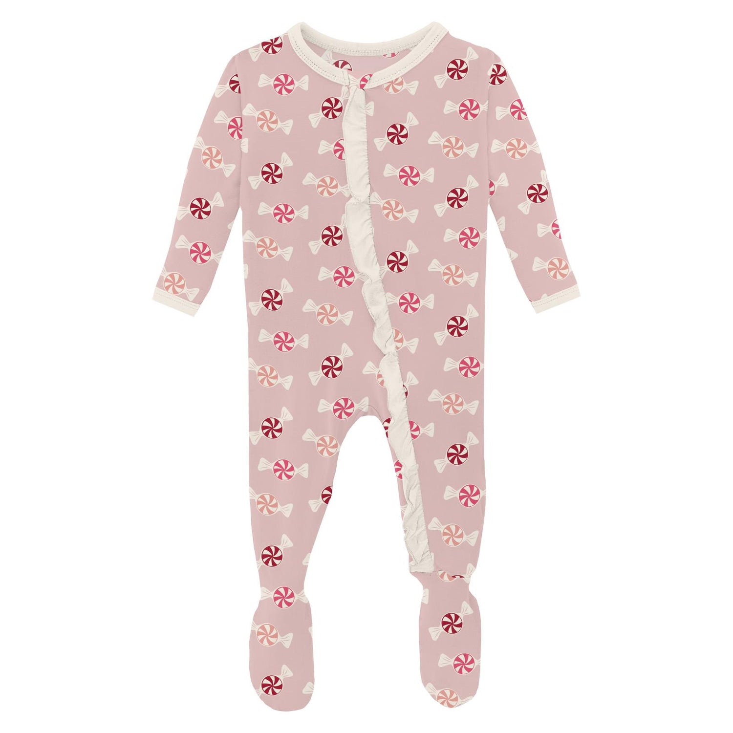 Print Classic Ruffle Footie with 2 Way Zipper in Baby Rose Peppermints