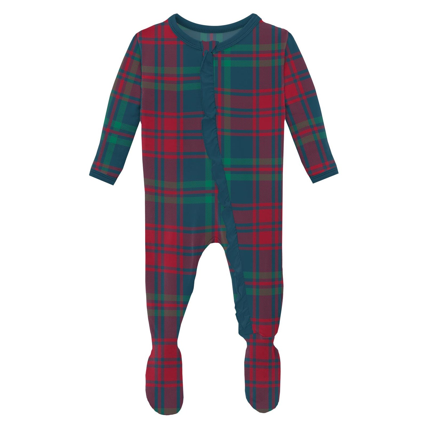 Print Classic Ruffle Footie with 2 Way Zipper in Peacock Plaid