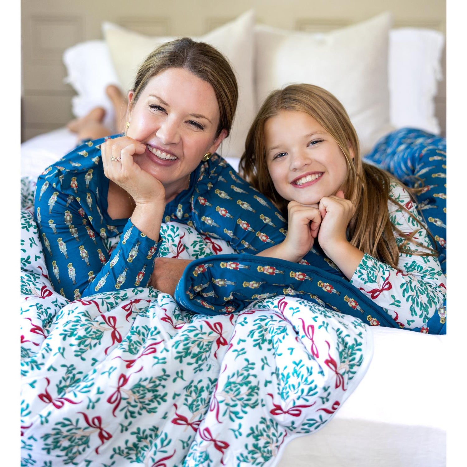 Print Fluffle Throw Blanket with Embroidery in Illusion Blue Mistletoe & Ribbons