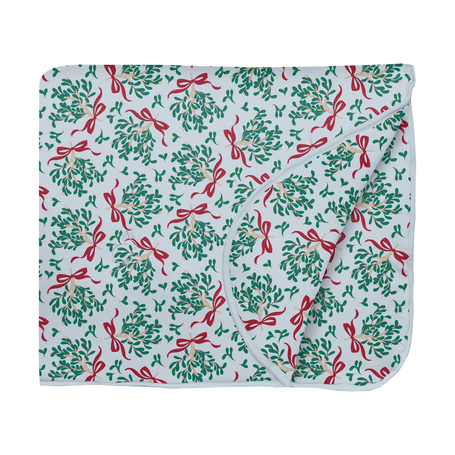 Print Fluffle Throw Blanket with Embroidery in Illusion Blue Mistletoe & Ribbons