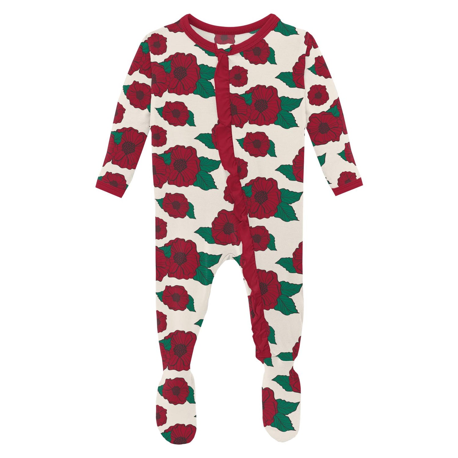Print Classic Ruffle Footie with 2 Way Zipper in Holiday Poppies