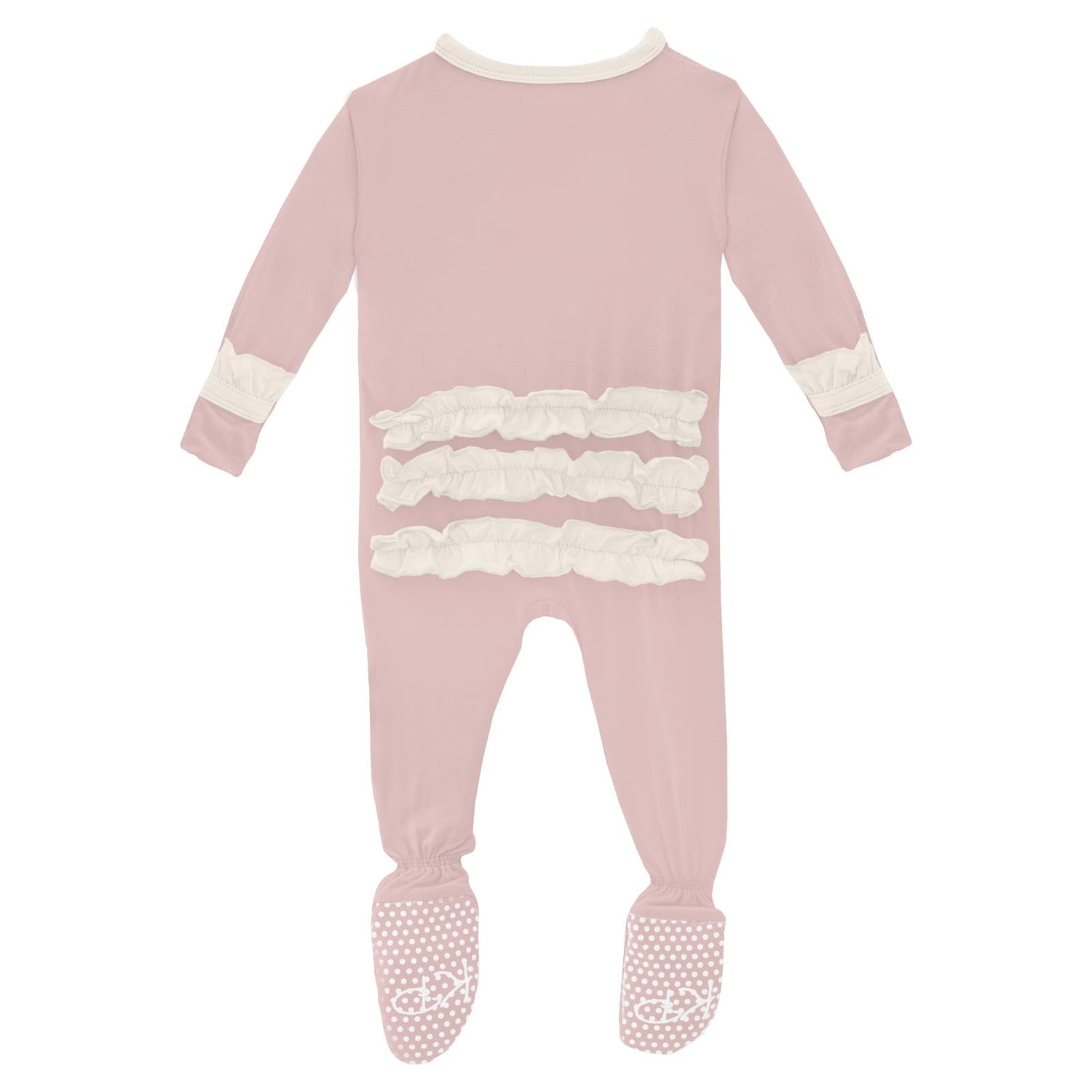 Classic Ruffle Footie with 2 Way Zipper in Baby Rose with Natural
