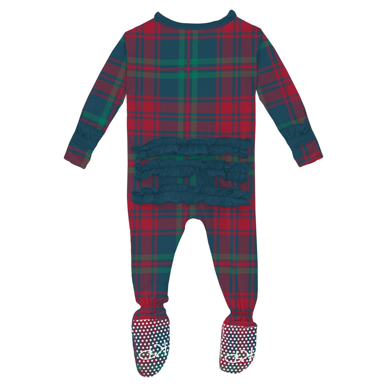 Print Classic Ruffle Footie with 2 Way Zipper in Peacock Plaid