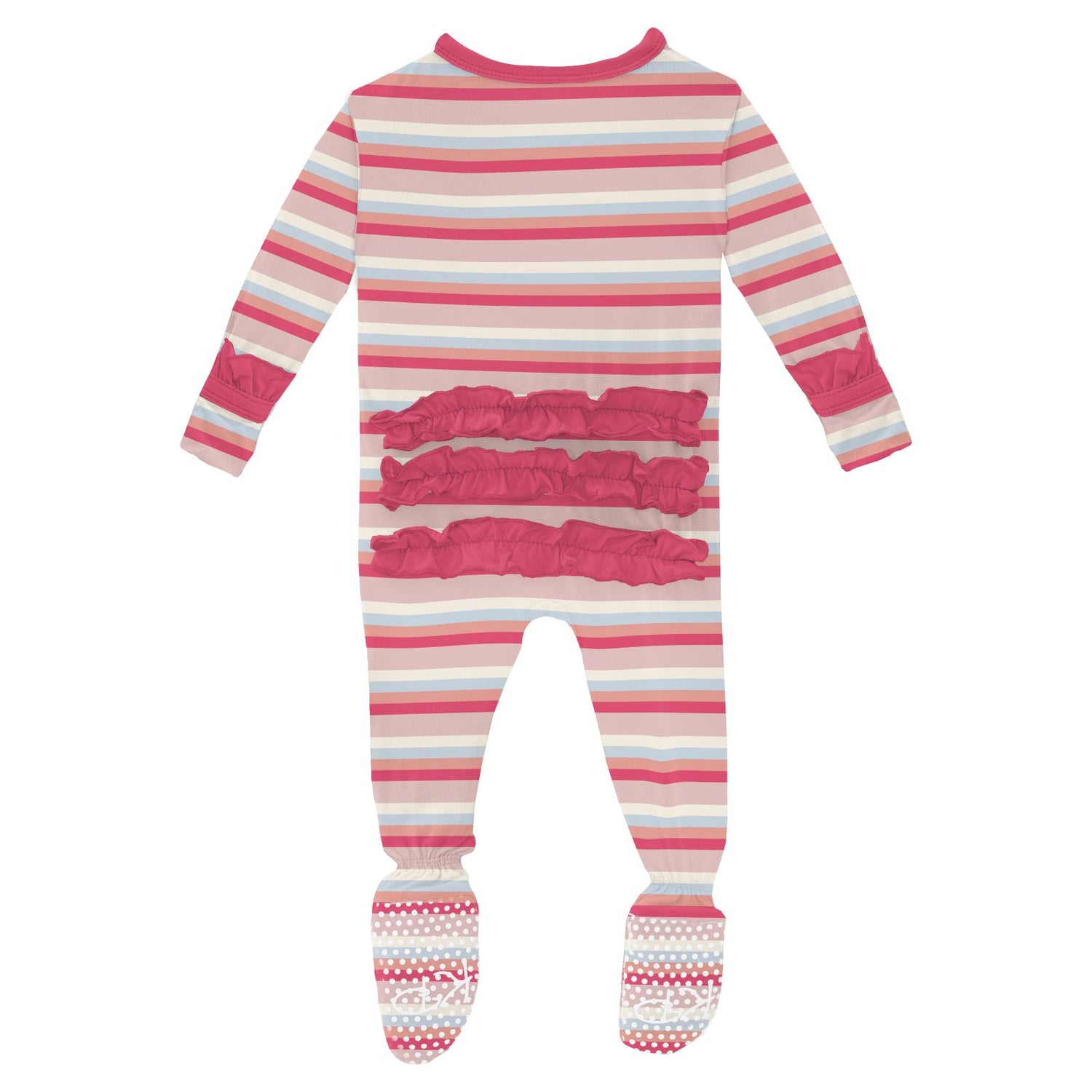 Print Classic Ruffle Footie with 2 Way Zipper in Baby Rose Stripe