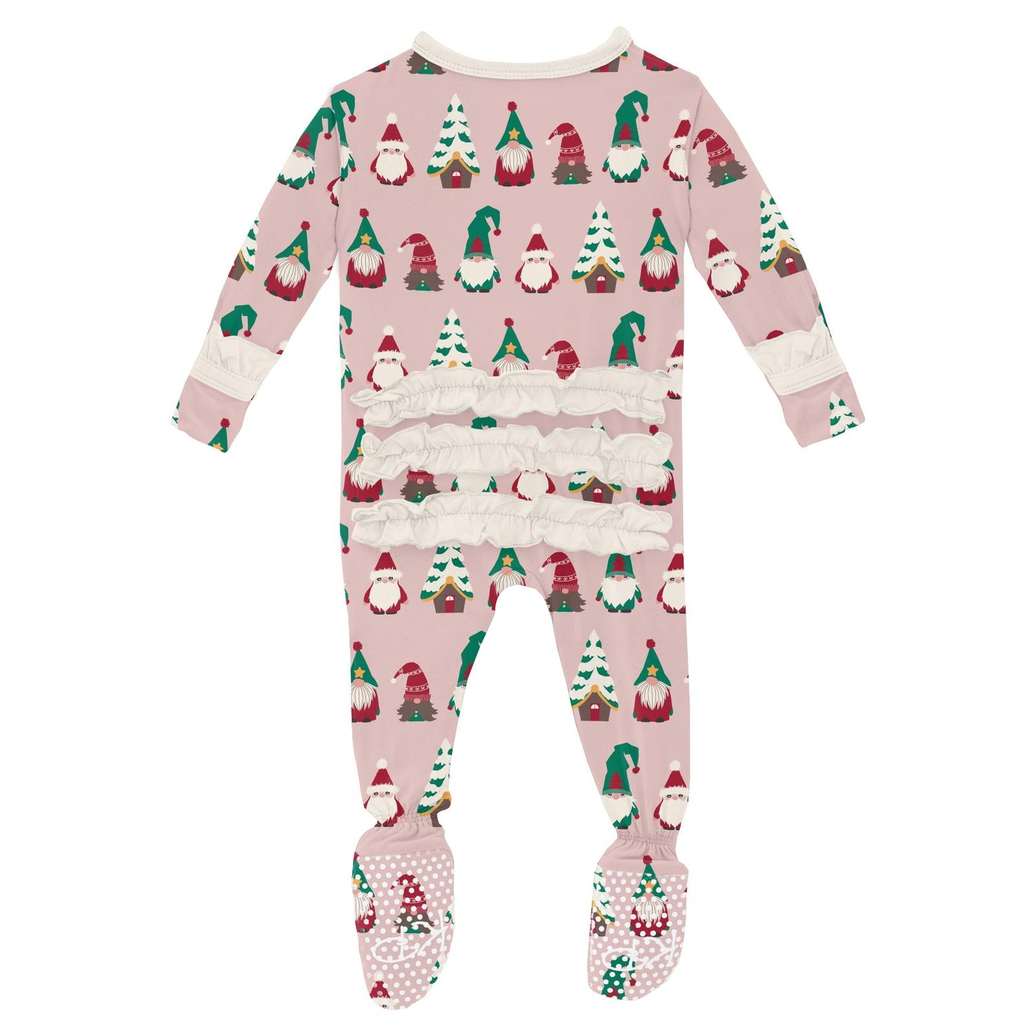 Print Classic Ruffle Footie with 2 Way Zipper in Baby Rose Gnomes