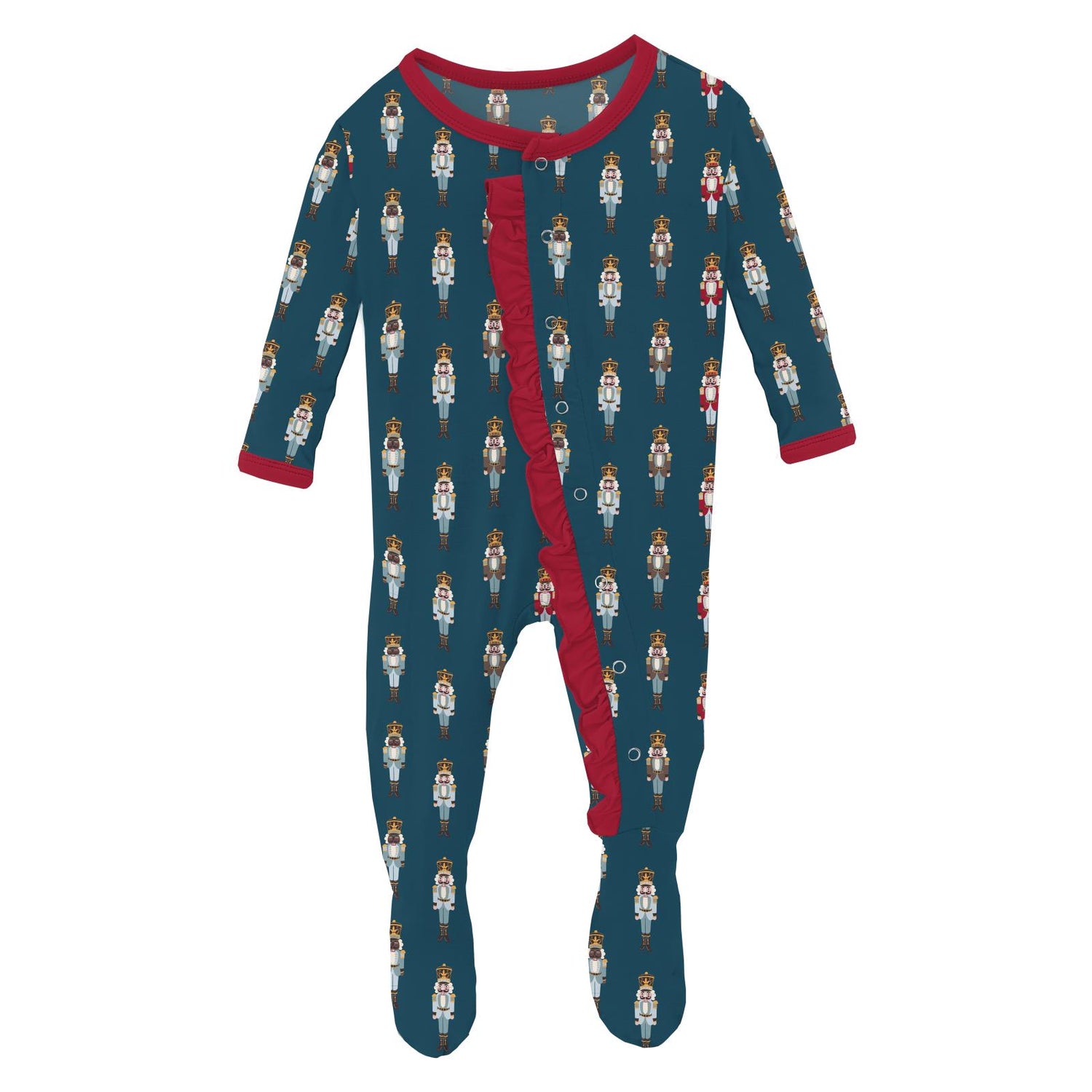 Print Classic Ruffle Footie with Snaps in Peacock Nutcrackers
