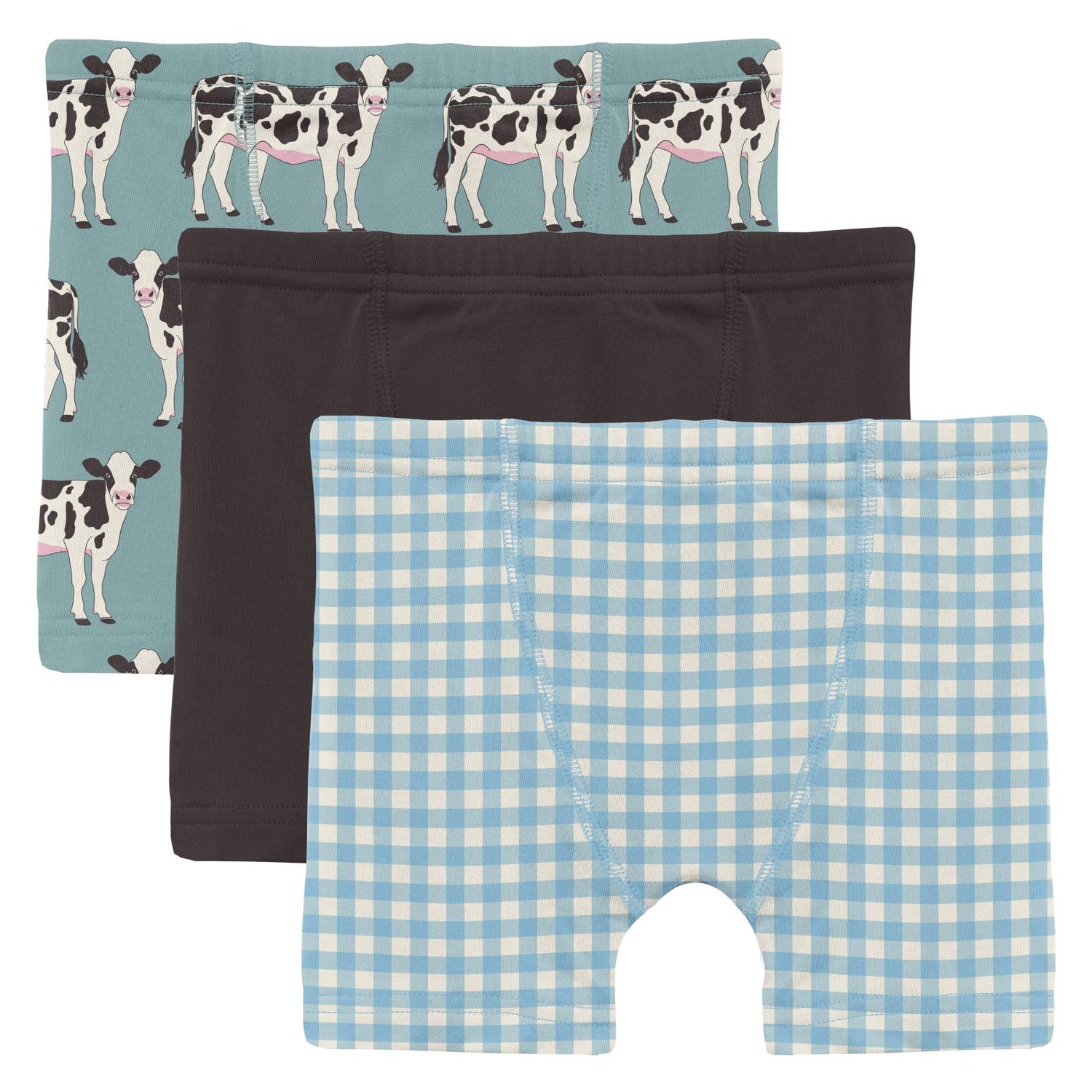 Print Boxer Brief Set of 3 in Jade Cows, Midnight & Seaside Blue Gingham (310713)