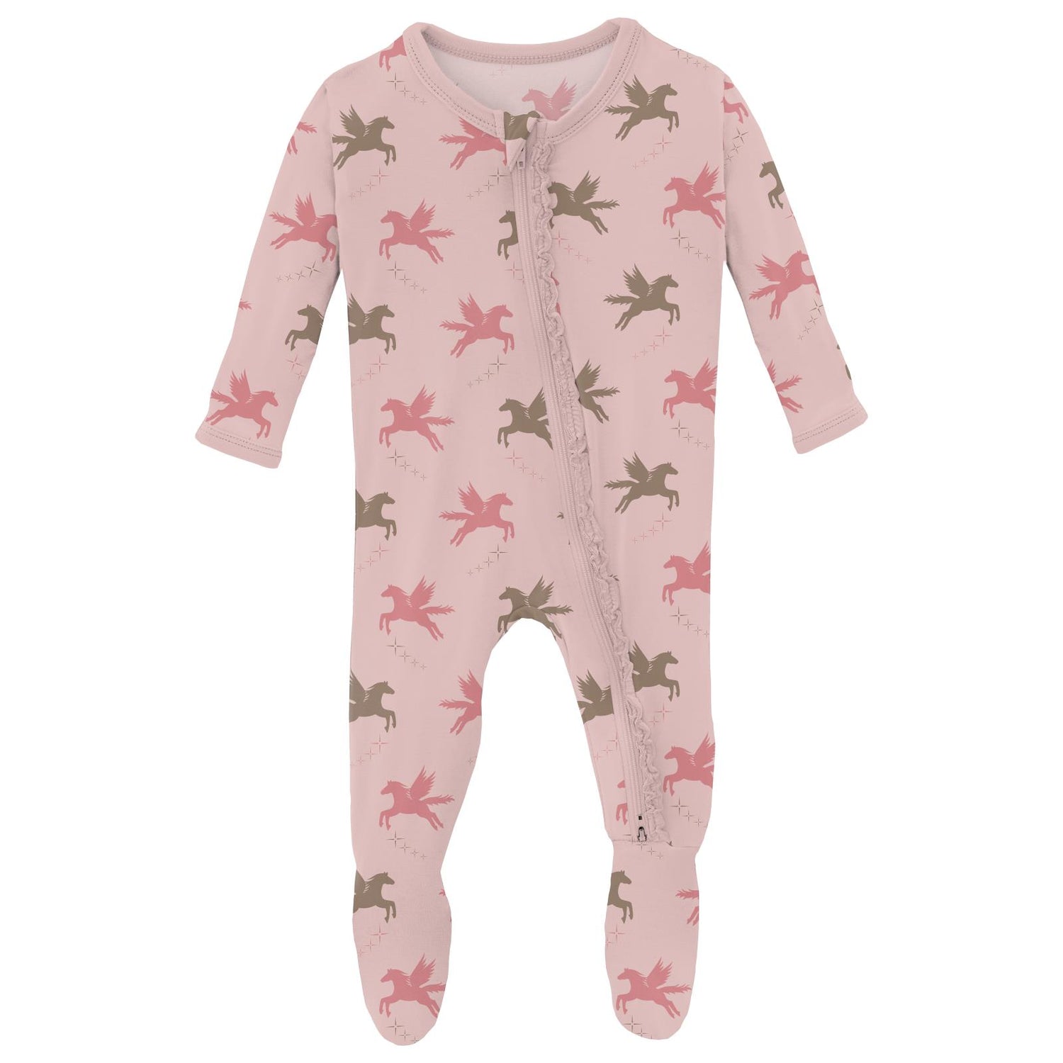 Print Muffin Ruffle Footie with 2 Way Zipper in Baby Rose Pegasus (335697)