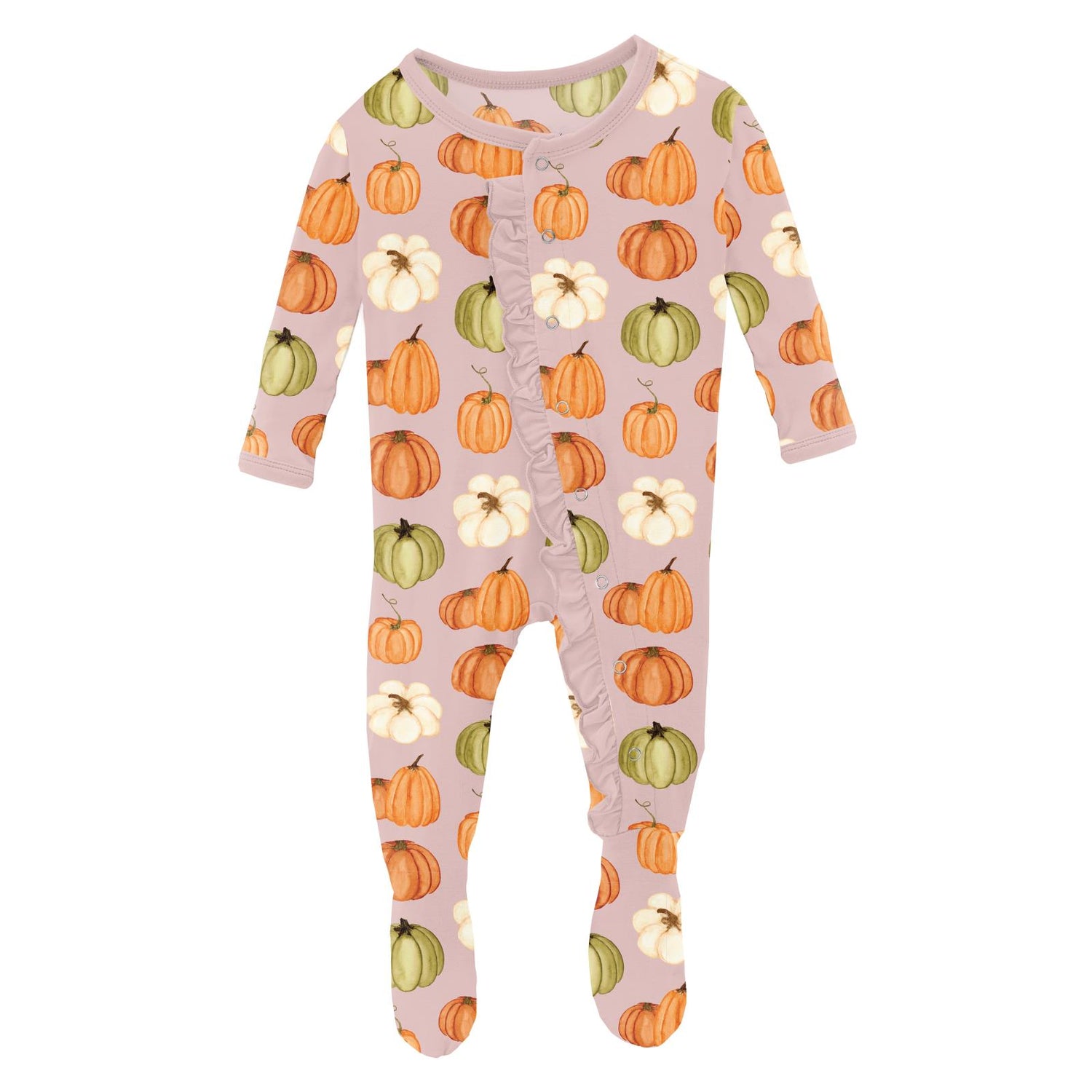 Print Layette Ruffle Footie with Snaps in Baby Rose Pumpkin Patch (331994)