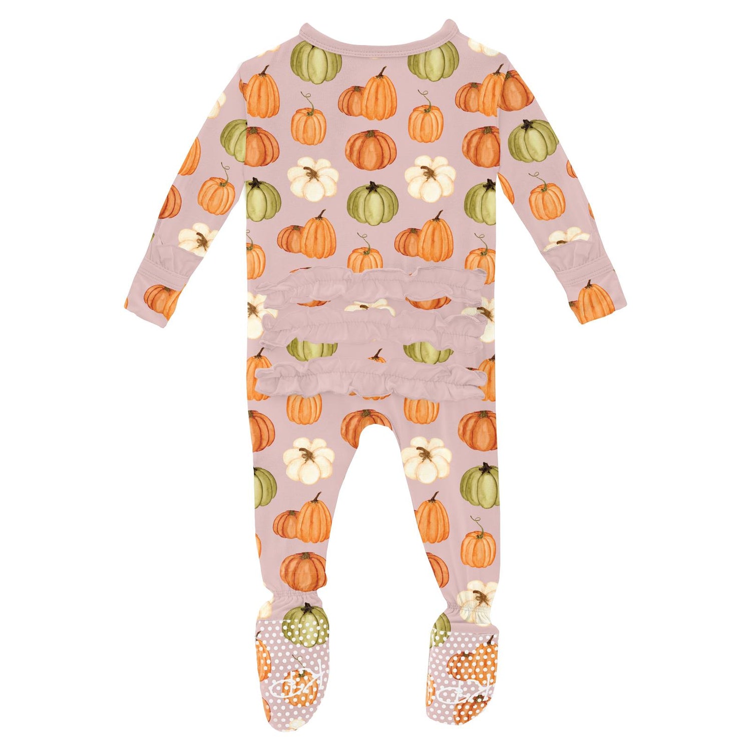 Print Layette Ruffle Footie with Snaps in Baby Rose Pumpkin Patch (332182)