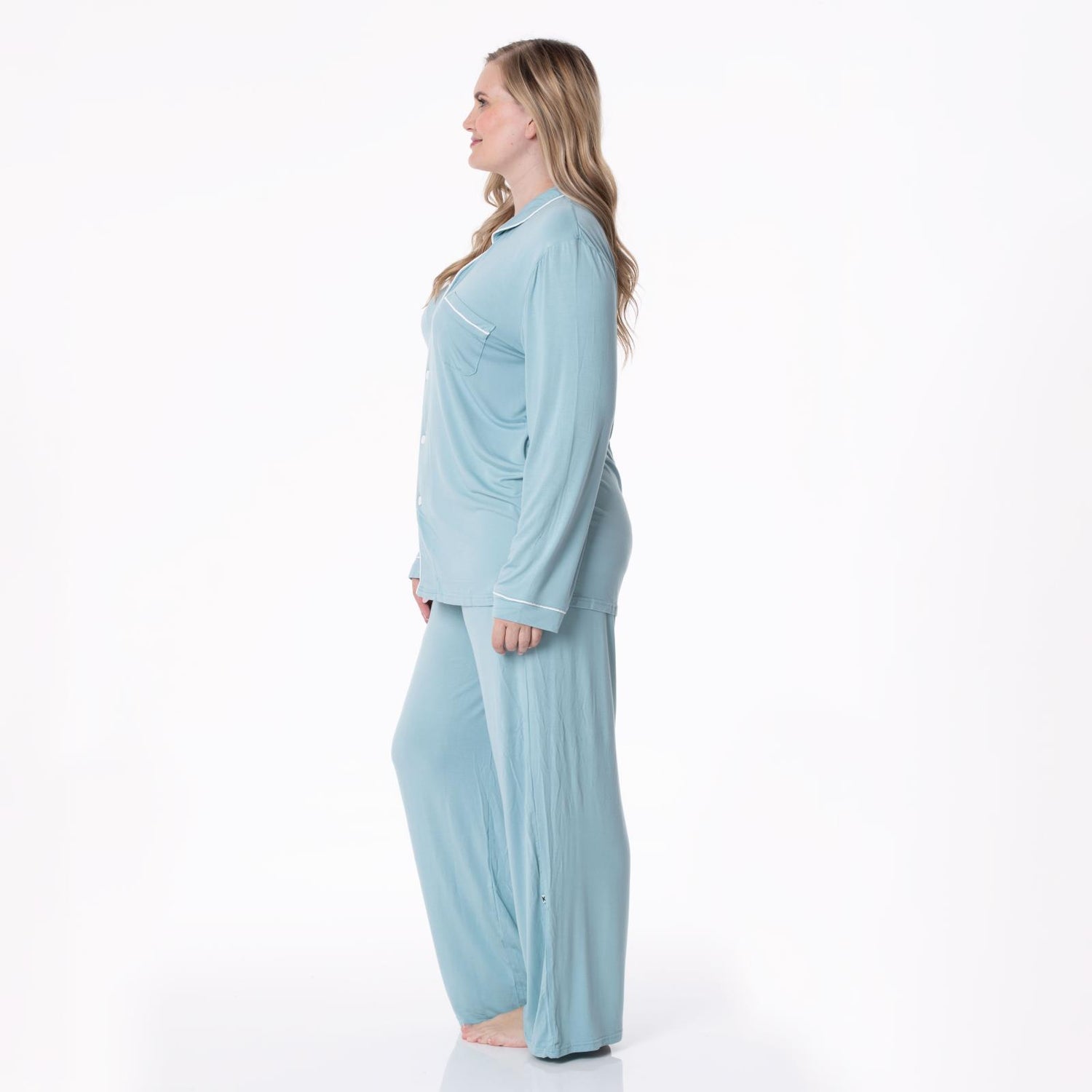 Women's Long Sleeve Collared Pajama Set in Stormy Sea with Natural