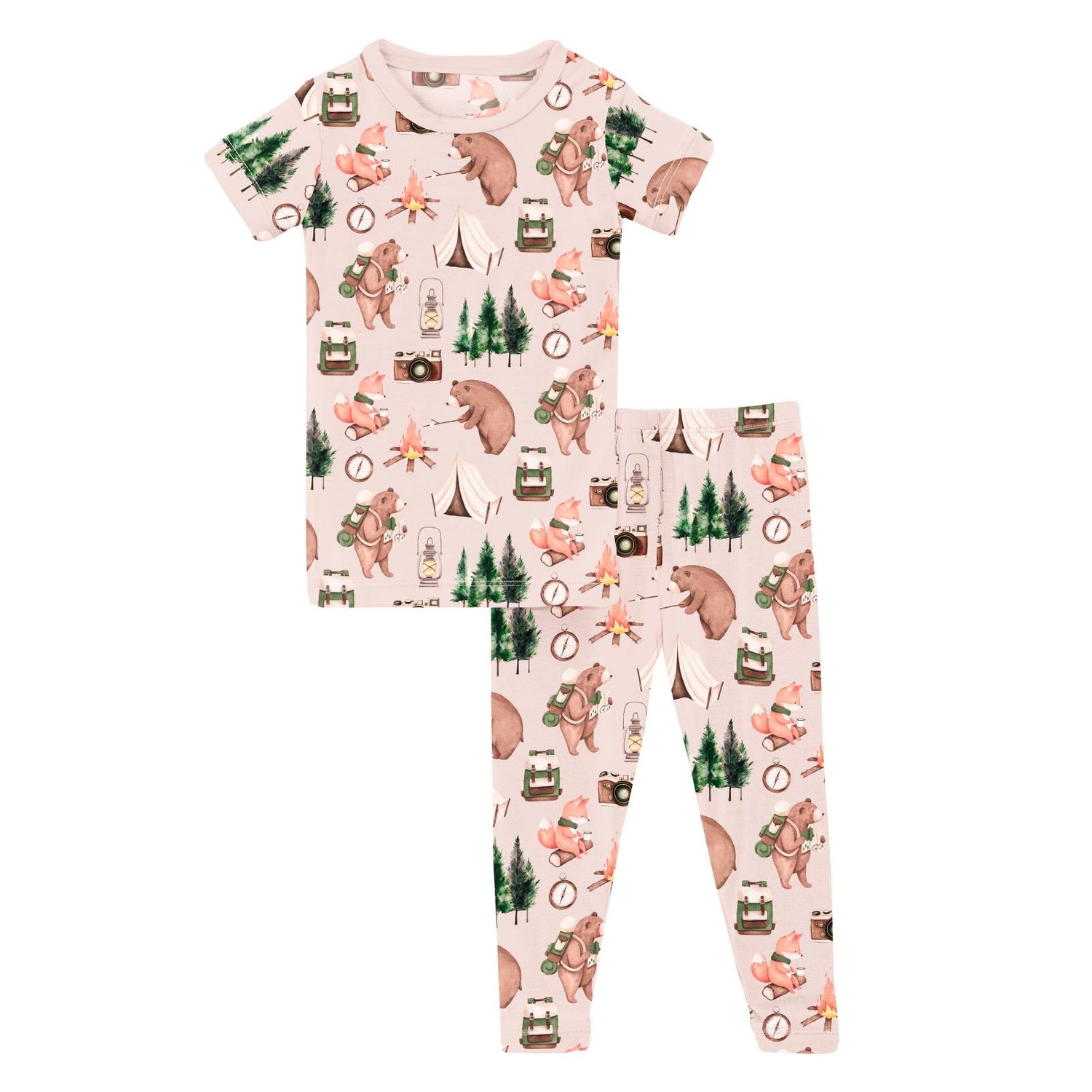 Print Short Sleeve Pajama Set in Latte Camping Animals (321312)