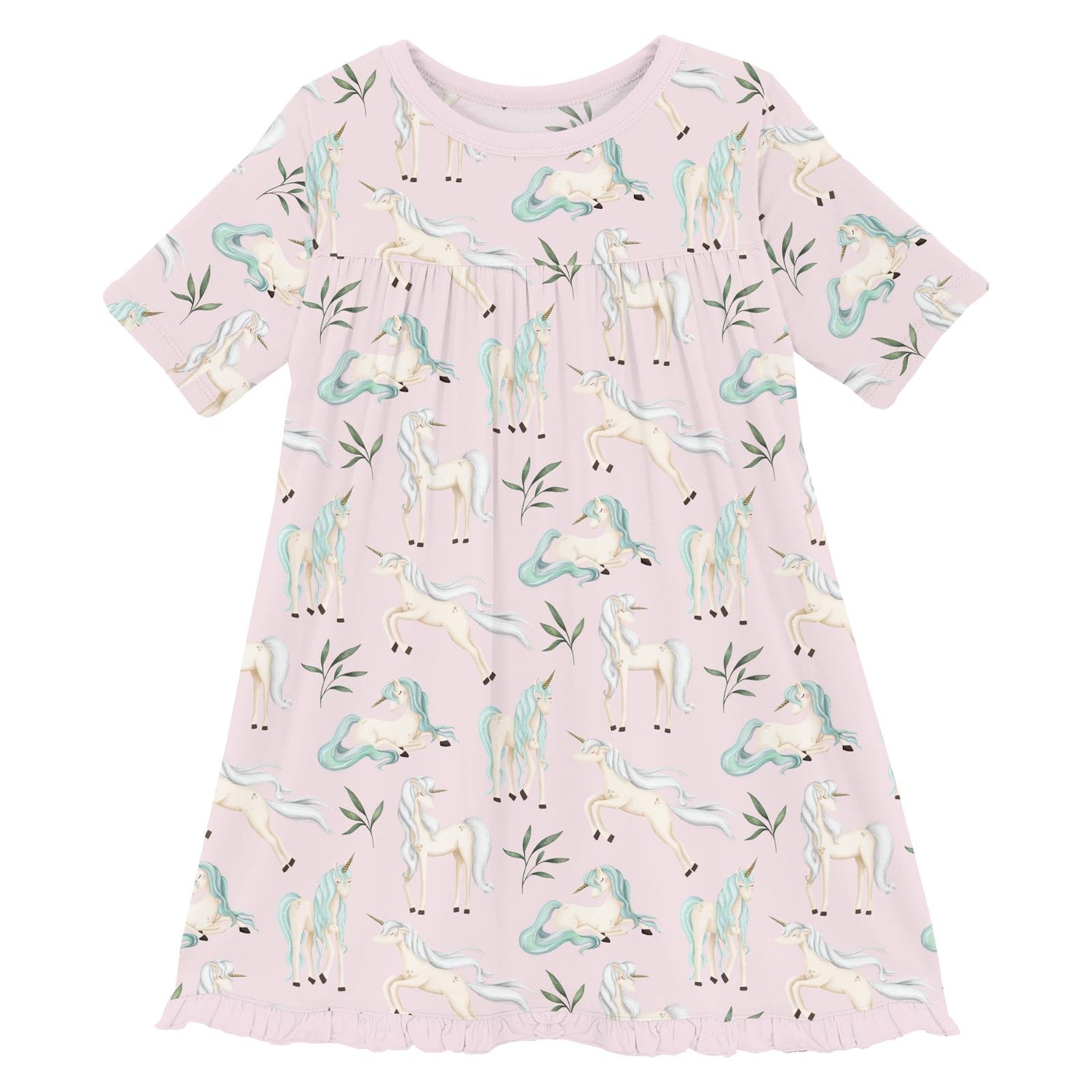 Print Classic Short Sleeve Swing Dress in Shrinking Violet Sleeping Unicorns