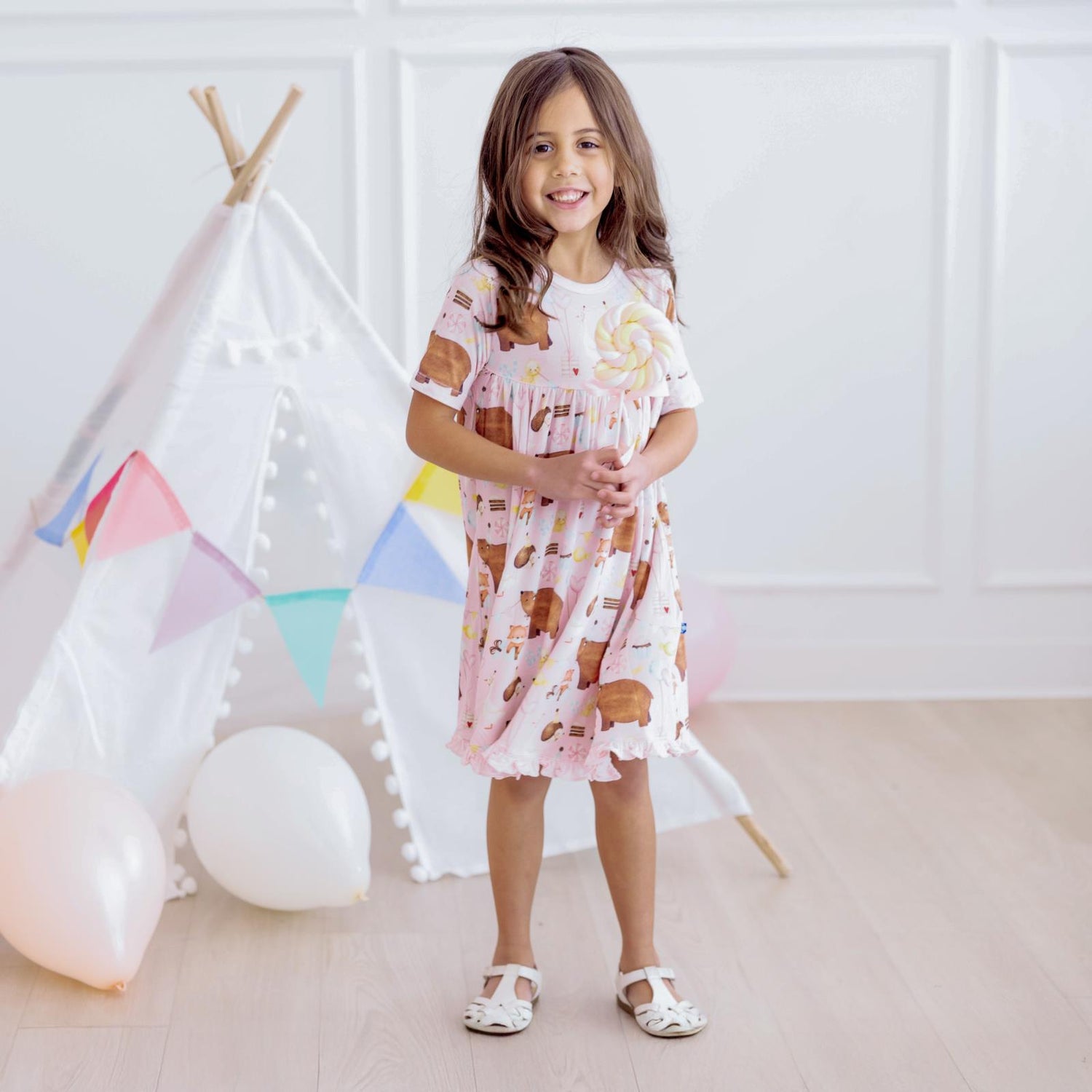 Print Short Sleeve Swing Dress in Shrinking Violet Forest Party (321361)