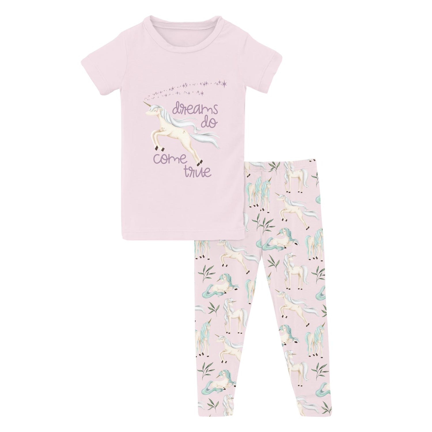 Short Sleeve Graphic Tee Pajama Set in Shrinking Violet Sleeping Unicorns (321412)