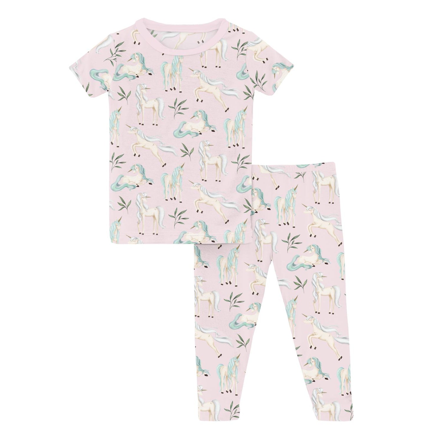 Print Short Sleeve Pajama Set in Shrinking Violet Sleeping Unicorns (321428)