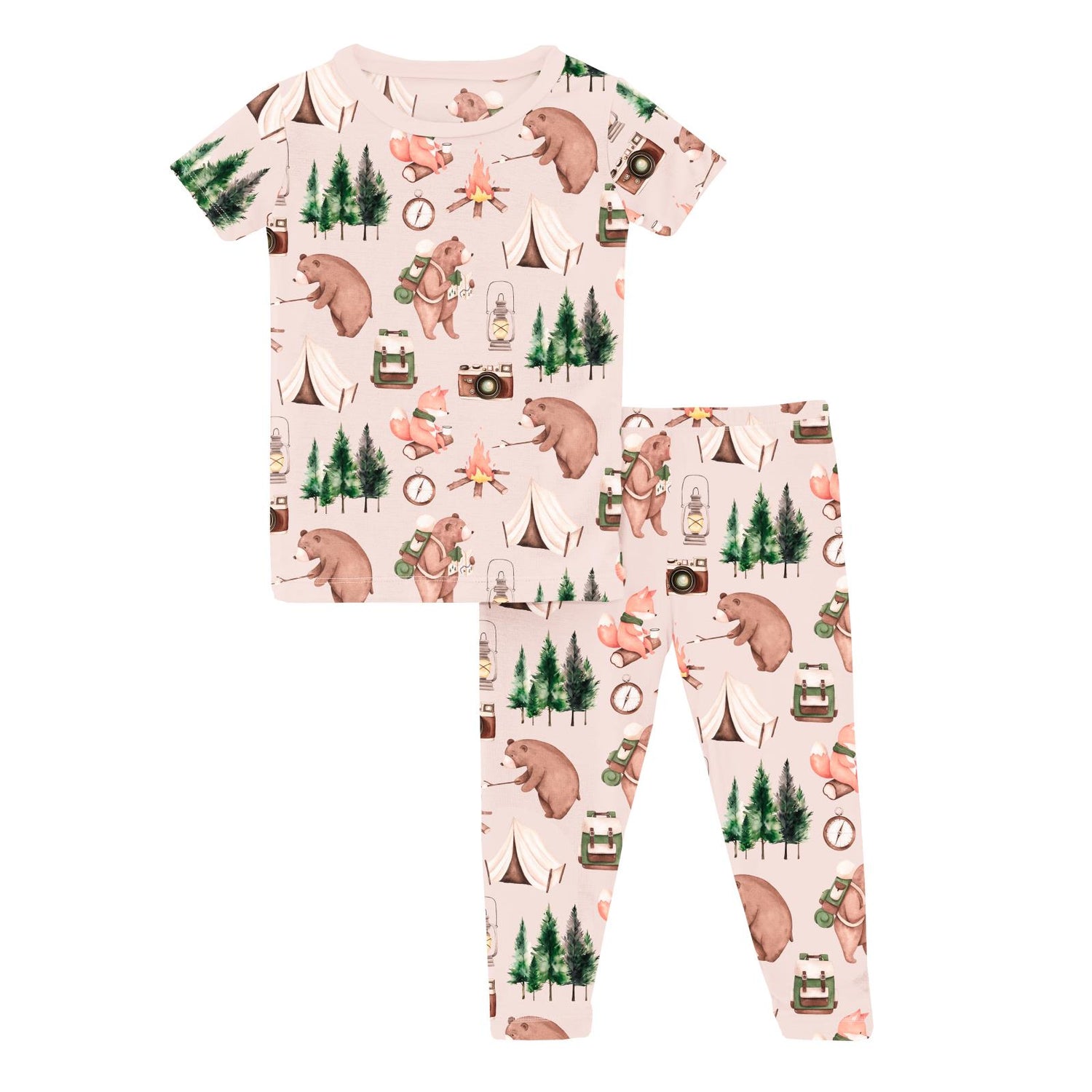 Print Short Sleeve Pajama Set in Latte Camping Animals (321445)