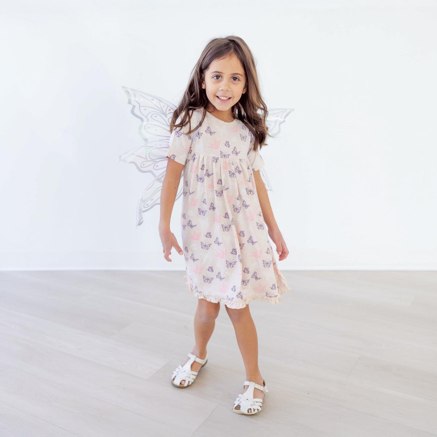 Print Short Sleeve Swing Dress in Latte Butterflies (321422)