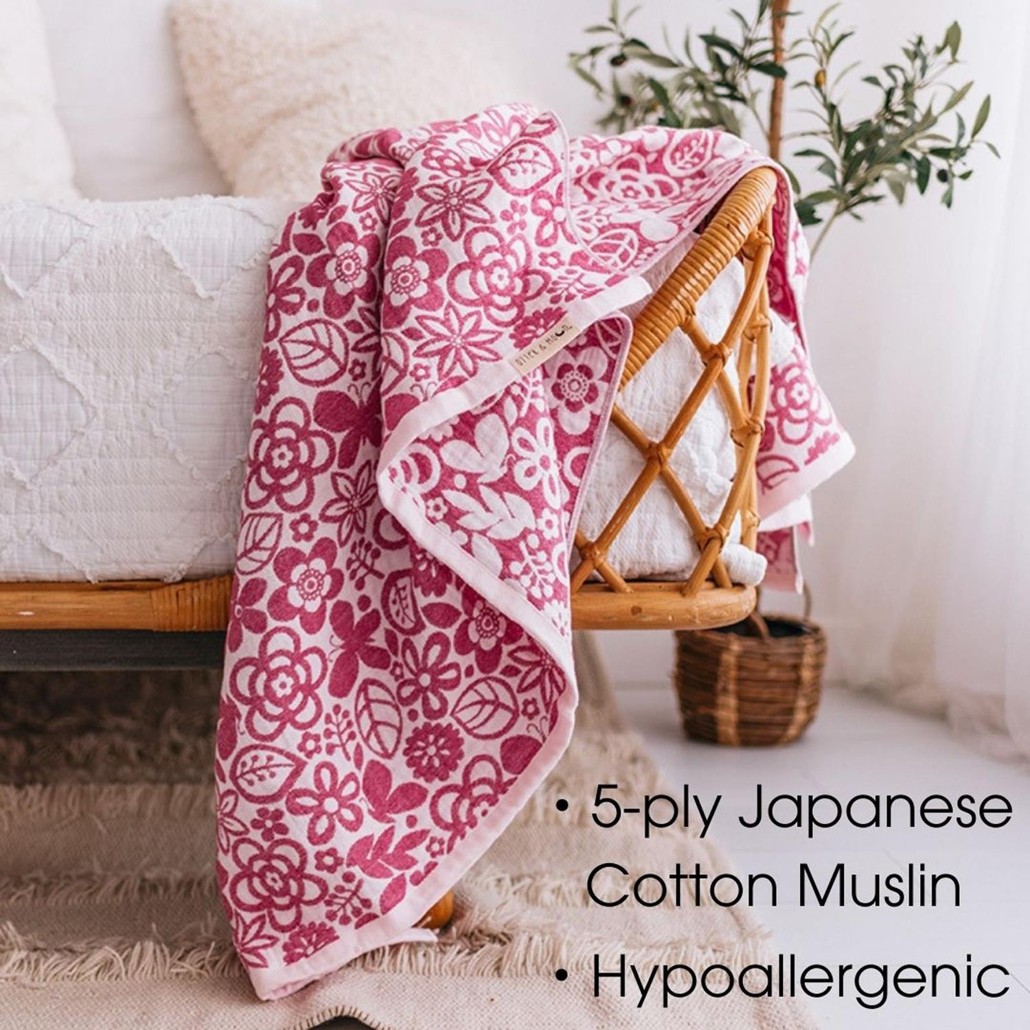 Soft Spun Cotton Jacquard Muslin Blanket 40 x 60 in Fuchsia/Ballet Slipper Butterflies & Blooms (360479)