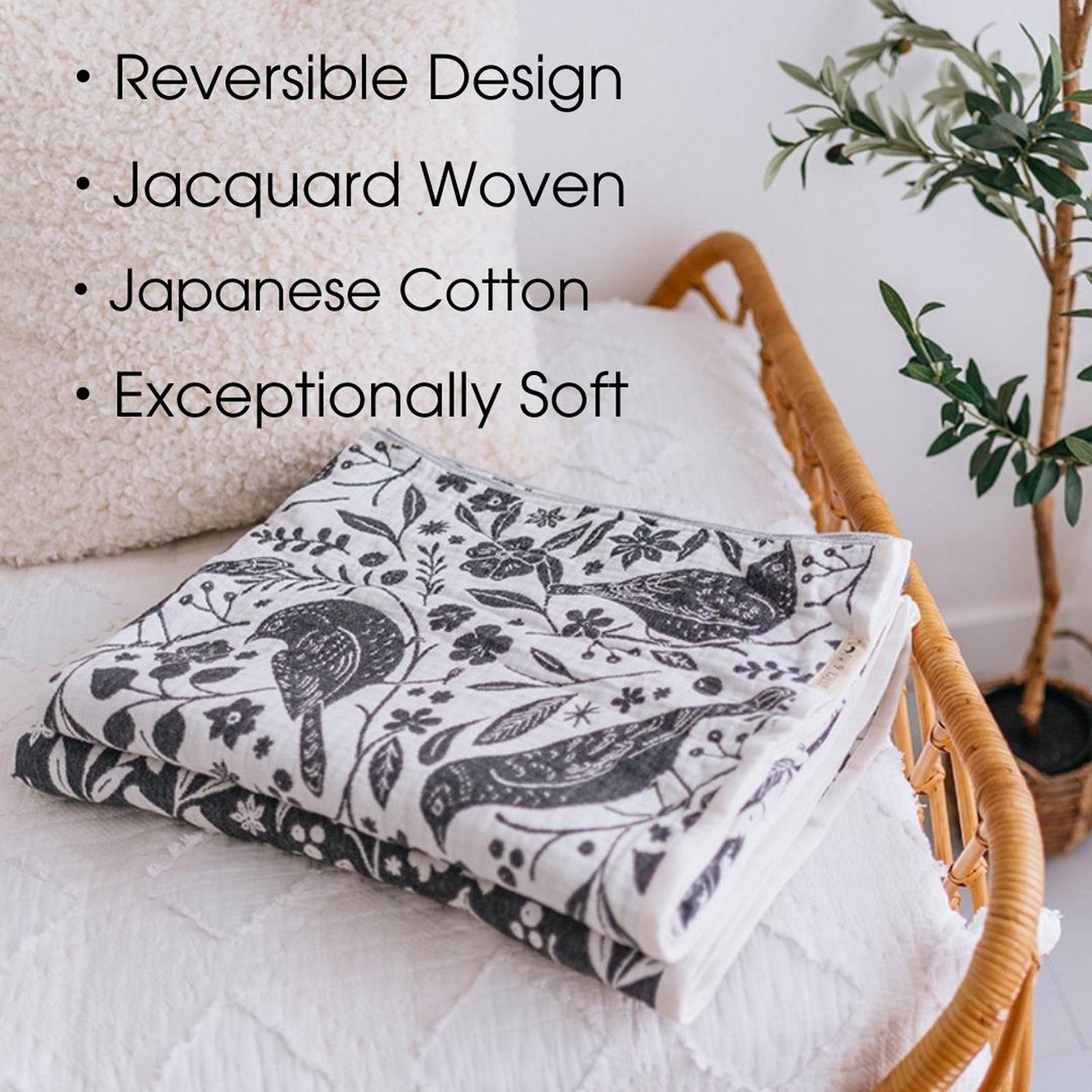 Soft Spun Cotton Jacquard Muslin Blanket 55 x 75 in Coconut Milk/Raven Forest Birds (360506)