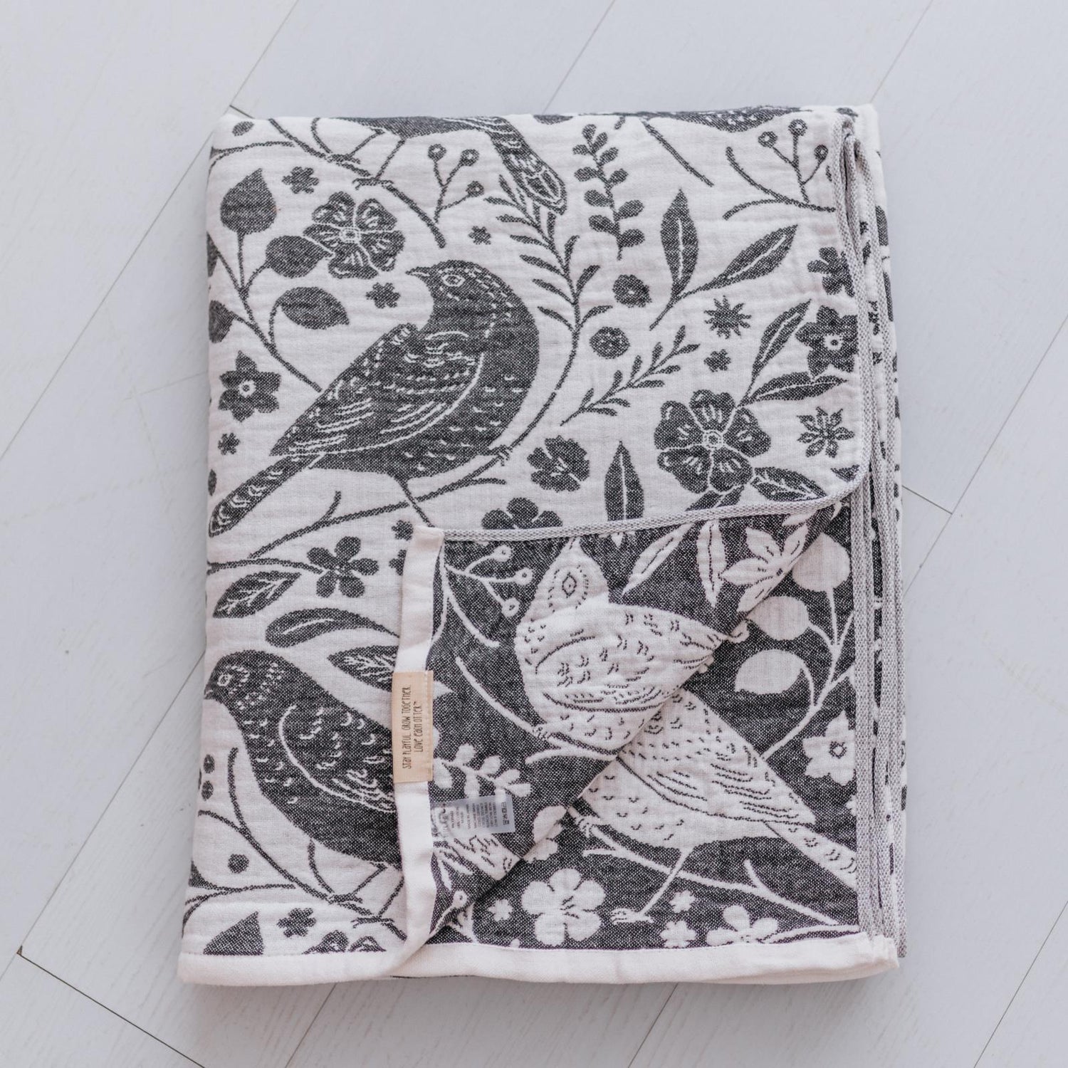 Soft Spun Cotton Jacquard Muslin Blanket 55 x 75 in Coconut Milk/Raven Forest Birds (360507)
