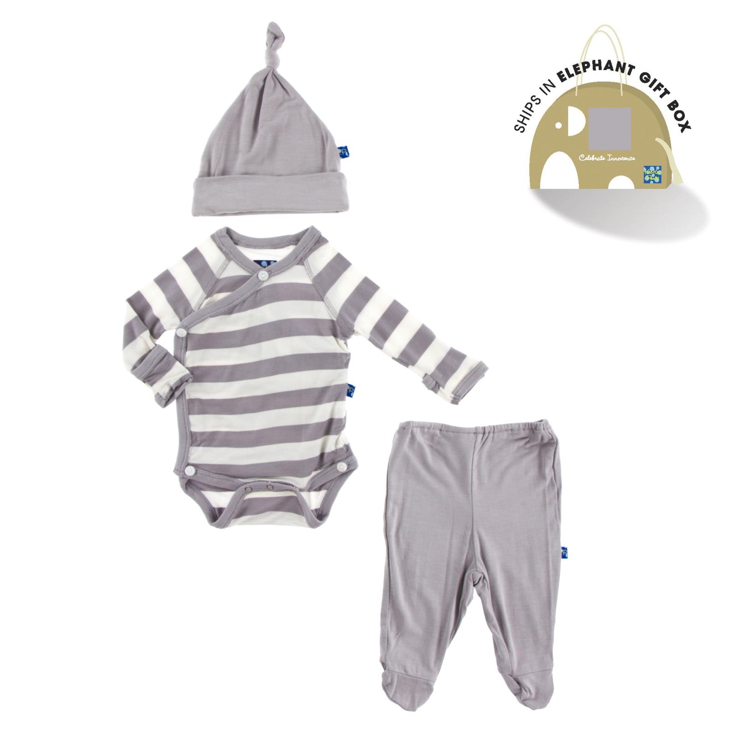 Kimono Newborn Gift Set with Elephant Box in Feather Contrast Stripe (210363)
