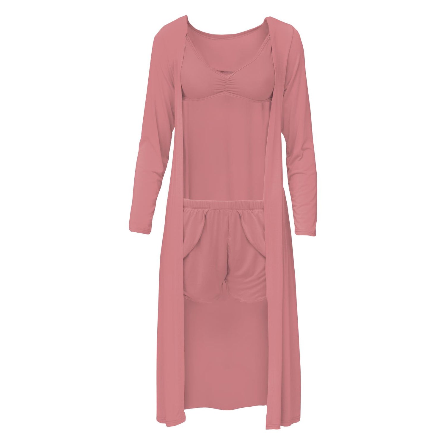 Women's Sleeping Bra, Tulip Shorts and Duster Robe Set in Desert Rose