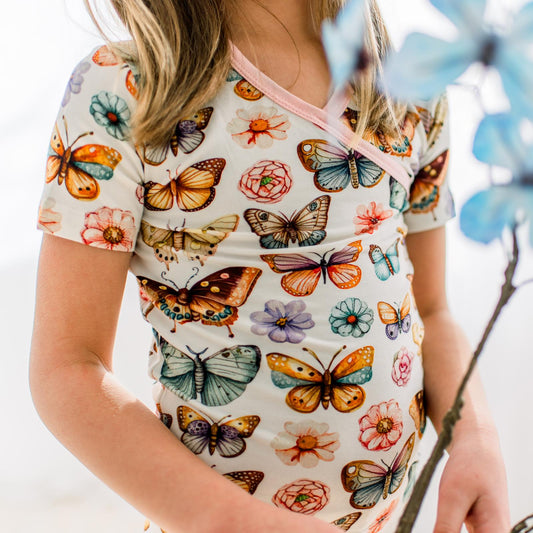 Print Short Sleeve Kimono Pajama Set in Botanical Butterflies (375084)