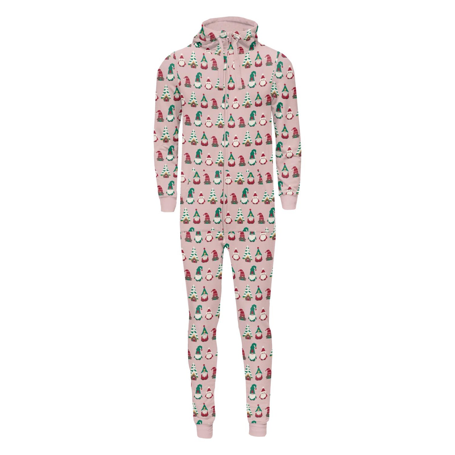 Print Adult Fleece Jumpsuit with Hood in Baby Rose Gnomes
