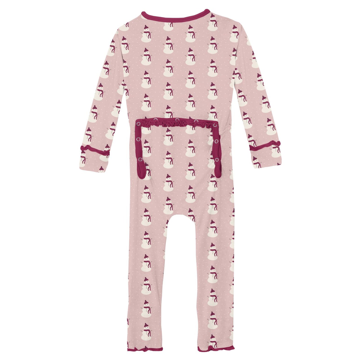 Print Muffin Ruffle Coverall with 2 Way Zipper in Baby Rose Tiny Snowman (259214)