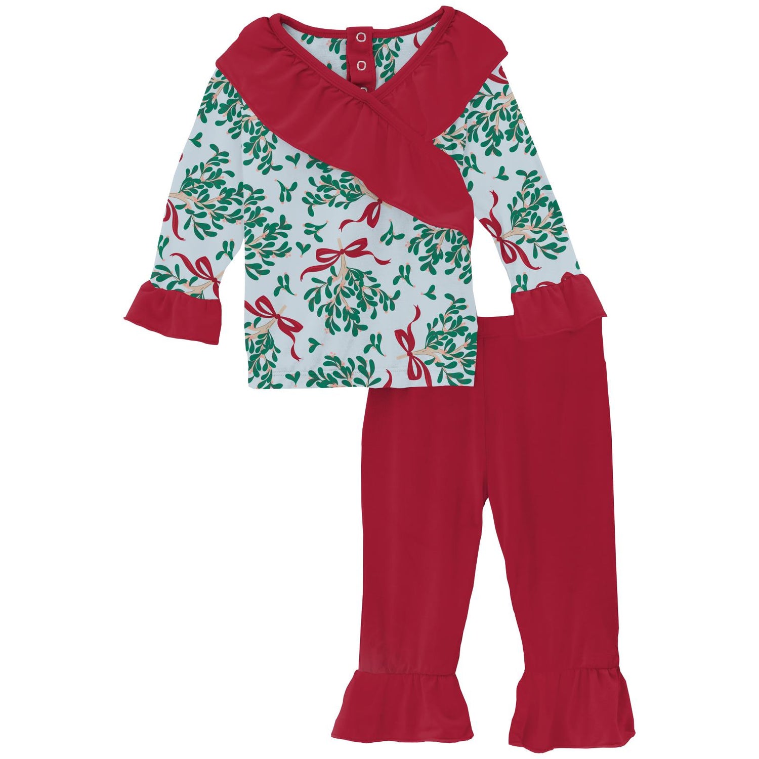 Print Long Sleeve Kimono Ruffle Outfit Set in Illusion Blue Mistletoe & Ribbons (304435)